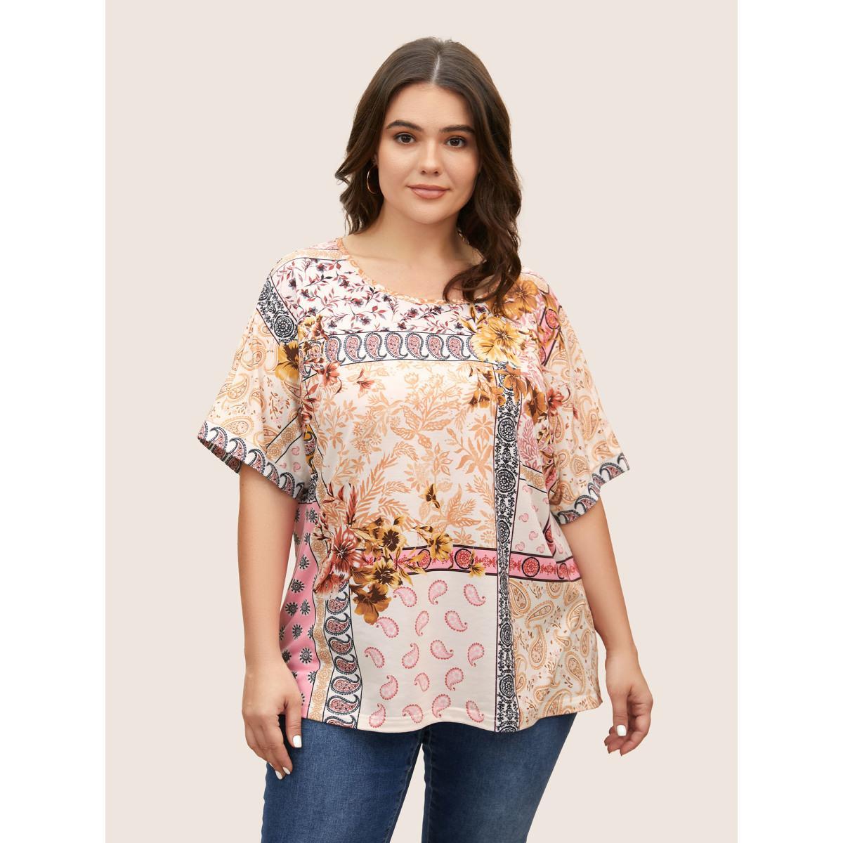 Plus Size Round Neck Boho Print Patchwork T-shirt Multicolor Women Casual Contrast Art&design Round Neck Everyday T-shirts BloomChic 10/M Product Image
