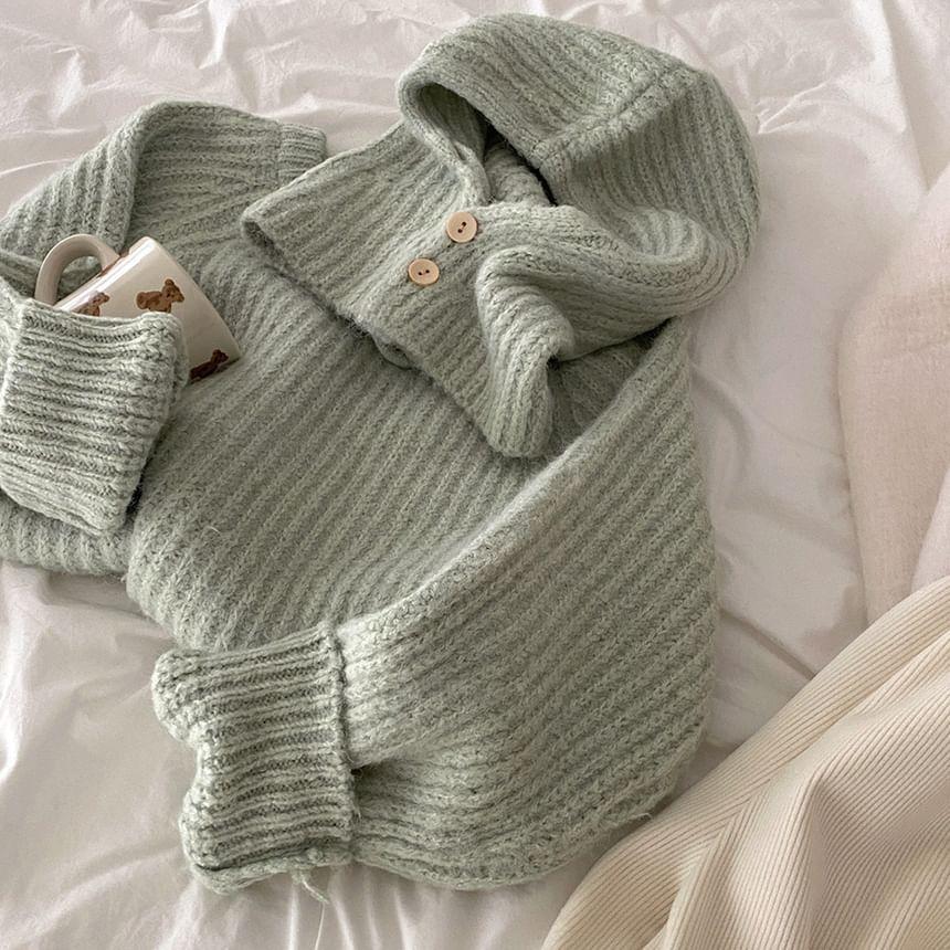 Long Sleeve Plain Ribbed-Knit Loose-Fit Sweater with Beanie Product Image