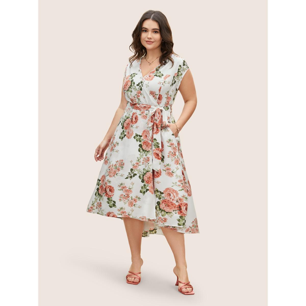 Plus Size Surplice Neck Floral Cap Sleeve Dress Ivory Women Elegant Texture V-neck Cap Sleeve Curvy BloomChic 22-24/3X Product Image