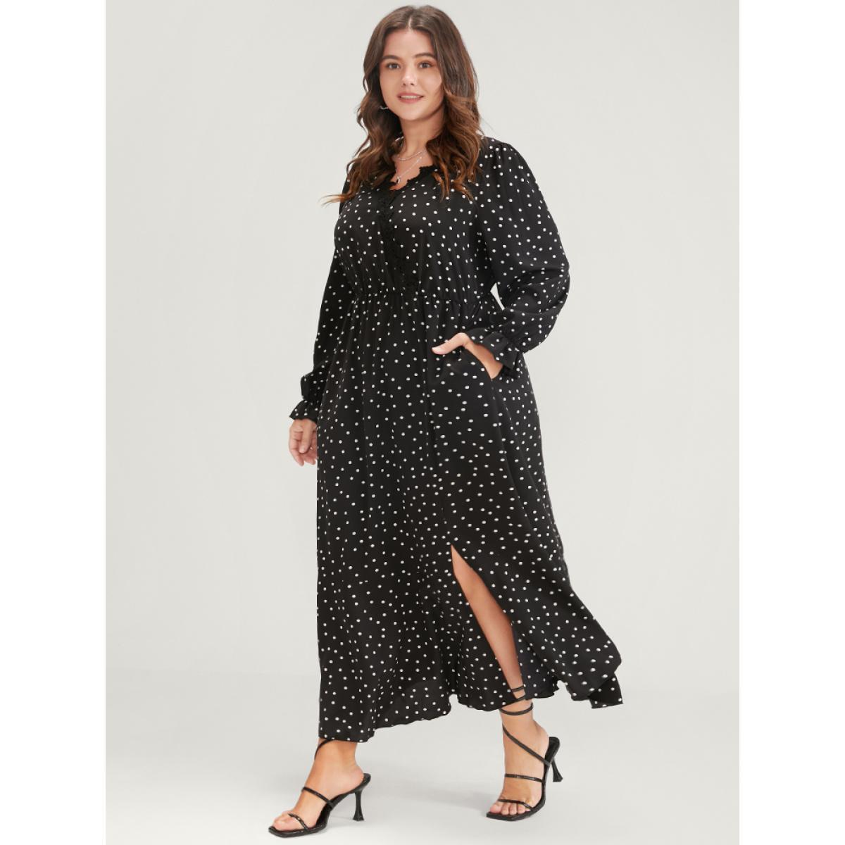Plus Size Polka Dot Pocket Contrast Lace Split Hem Dress Black Women Elegant Patchwork V-neck Long Sleeve Curvy Long Dress BloomChic 12/L Product Image