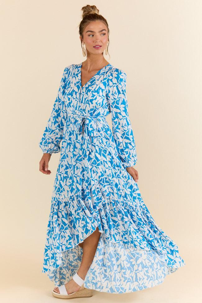 Palmetto Paradise Blue and White Long Sleeve Maxi Dress SALE Product Image