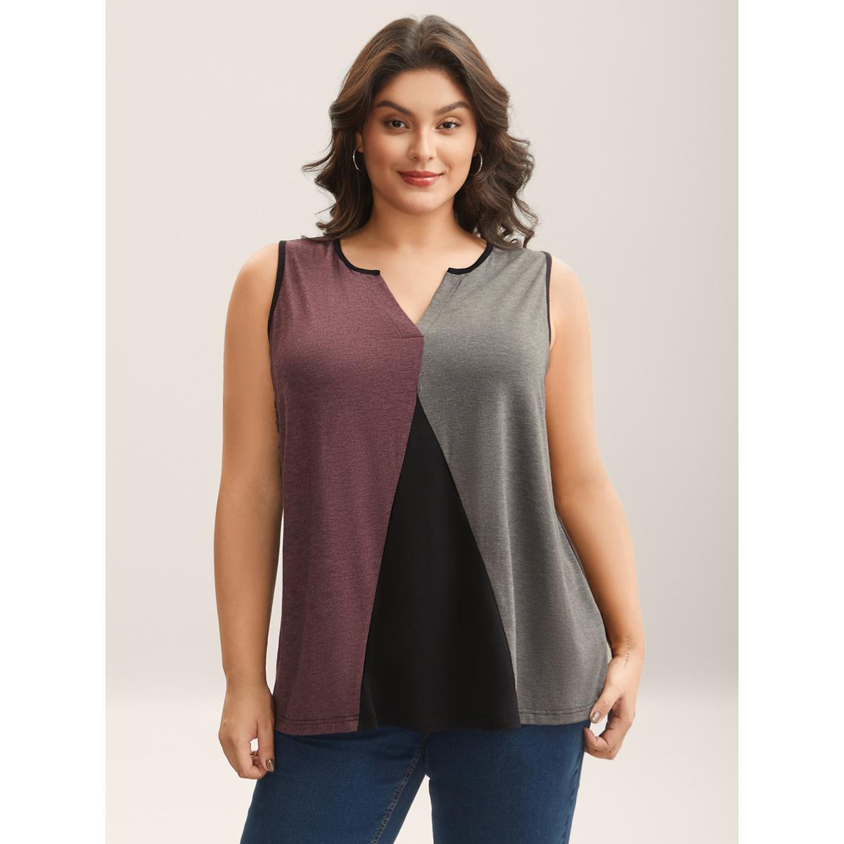 Plus Size Color Block Flowy Split Neck Tank Top Women Black Contrast Notched collar Everyday-Casual Tank Tops Camis BloomChic 26/4X Product Image