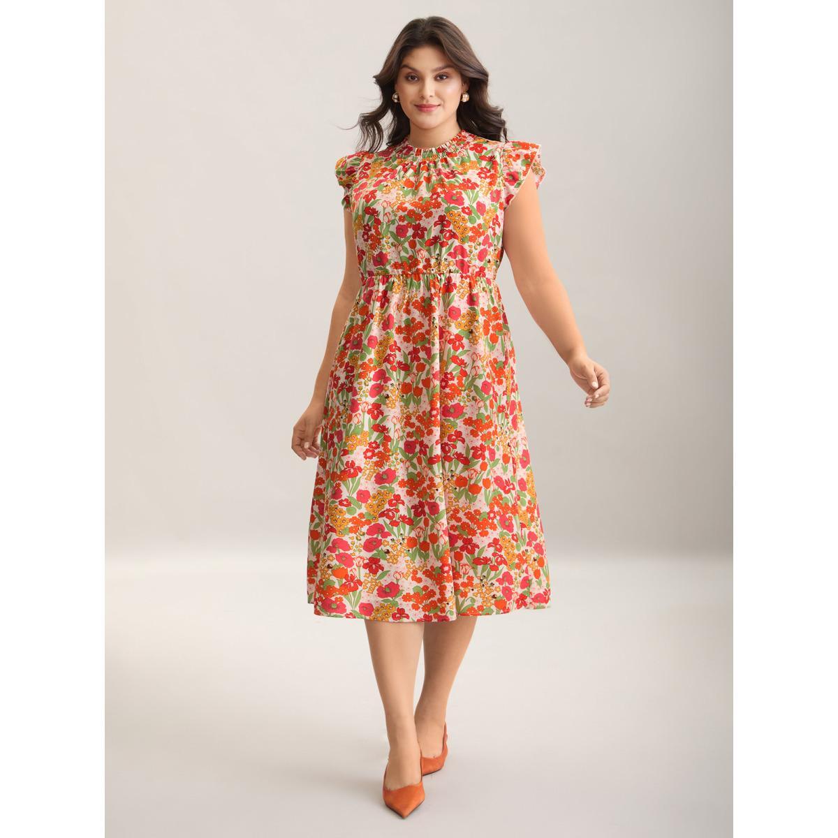 Plus Size Floral Print Shirred Pockets Midi Dress Salmon Women Elegant Frill Trim Mock Neck Cap Sleeve Curvy BloomChic 30/6X Product Image