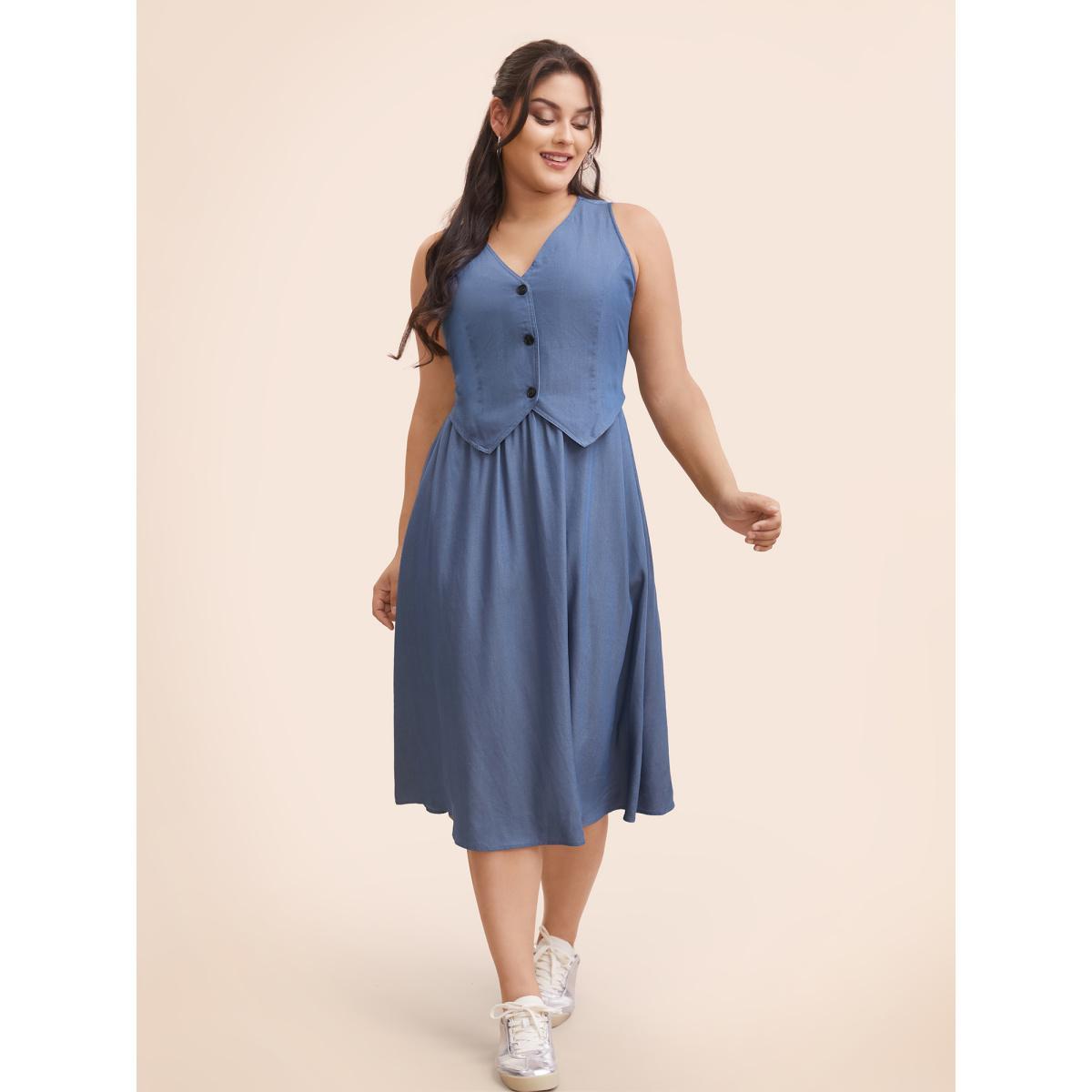 Plus Size V Neck 2 In 1 Bodycon Dress DarkBlue Women Casual Button V-neck Sleeveless Curvy BloomChic 18-20/2X Product Image