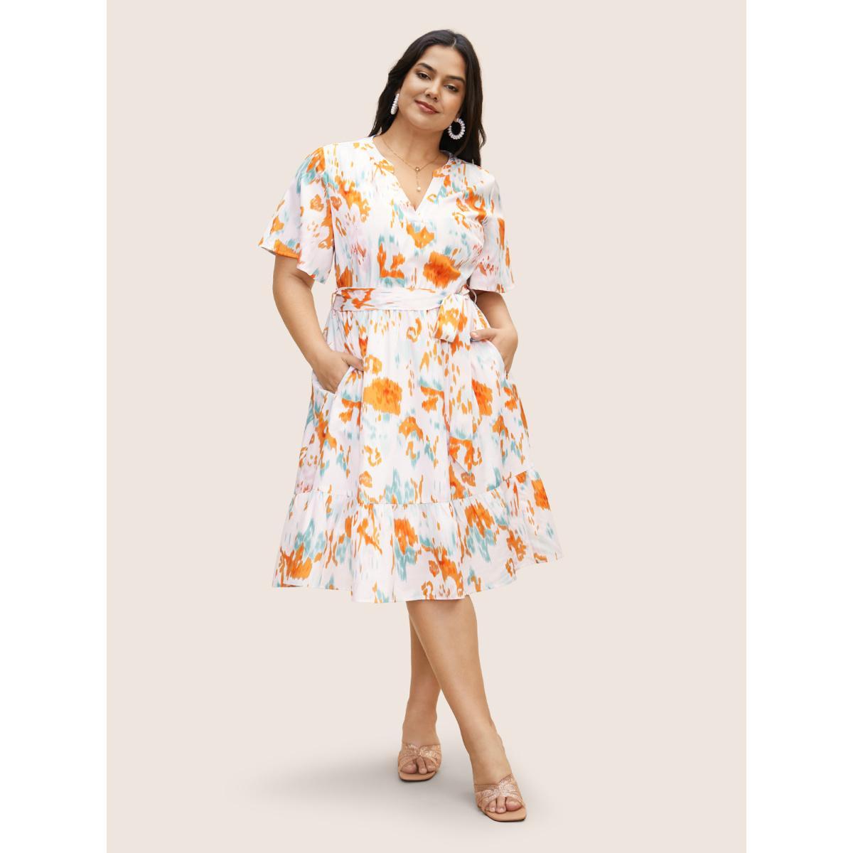 Plus Size Notched Collar Colorblock Contrast Midi Dress Ivory Women Elegant Belted Notched collar Short sleeve Curvy BloomChic 22-24/3X Product Image