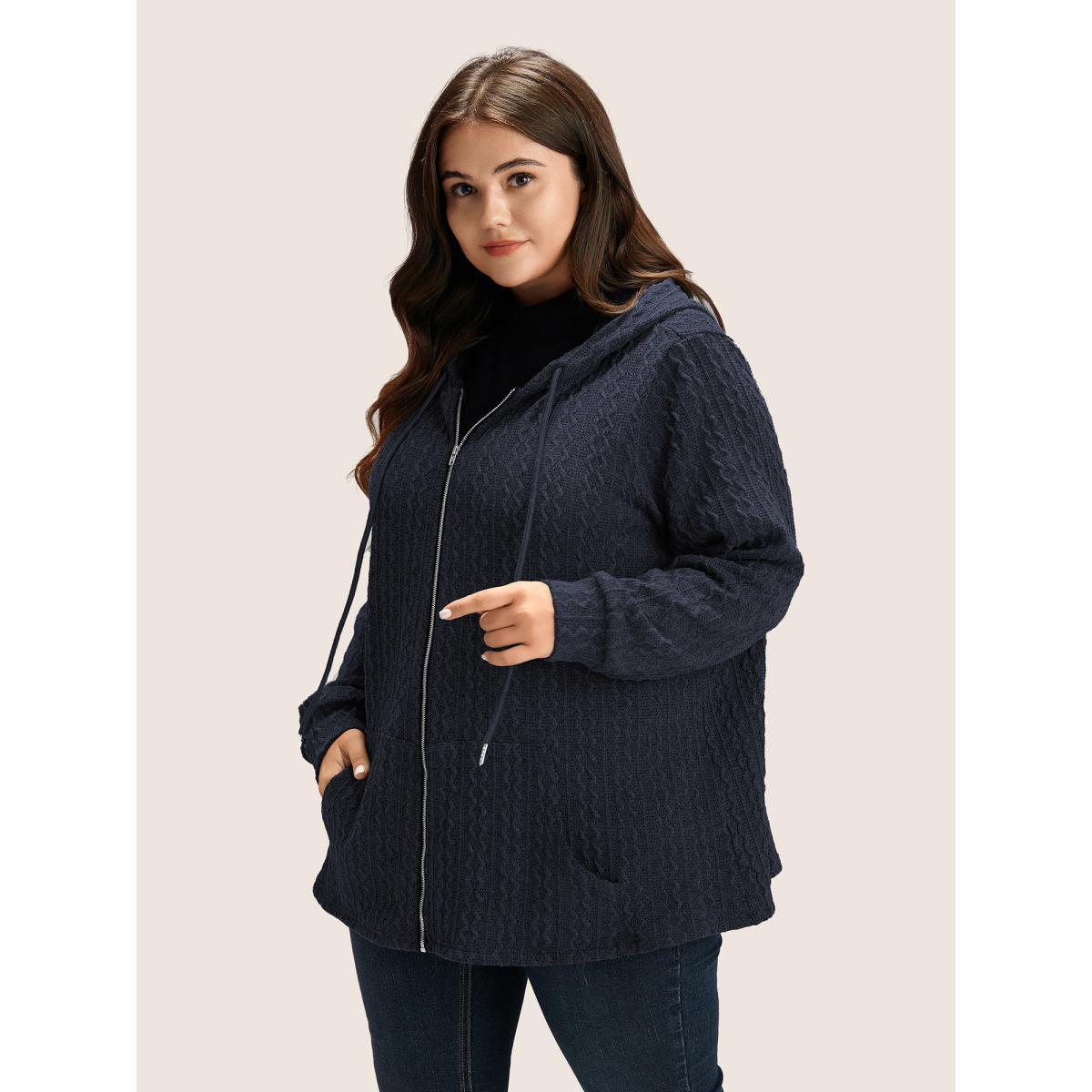 Plus Size Plain Textured Zipper Hooded Sweatshirt Women DarkBlue Casual Non Hooded Everyday Sweatshirts BloomChic 14-16/1X Product Image