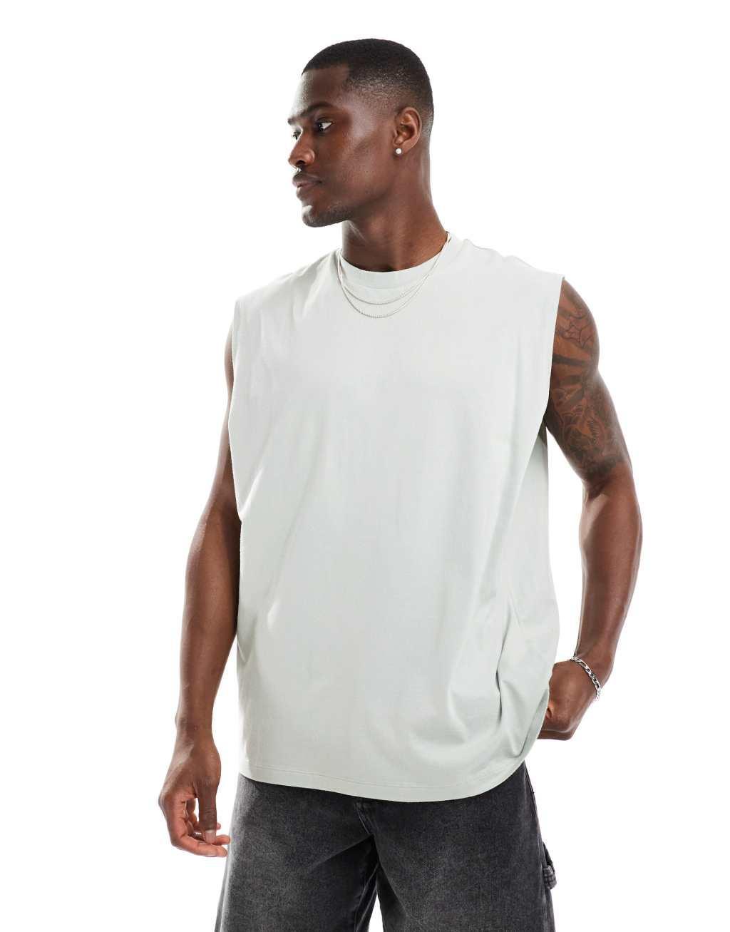 ASOS DESIGN oversized tank top in gray with dragon souvenir back print Product Image