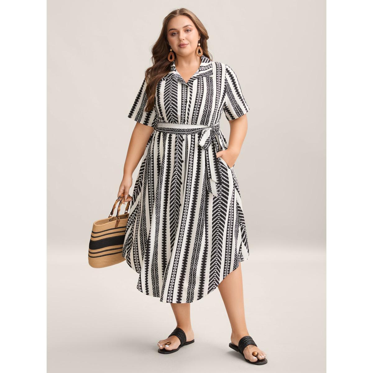 Plus Size Boho Striped Stretchy Waist Shirt Dress WhiteSmoke Women Resort Belted Shirt collar Short sleeve Curvy BloomChic 12/L Product Image