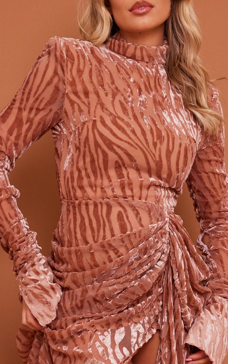 Mocha Zebra Devore High Neck Draped Midi Dress Product Image