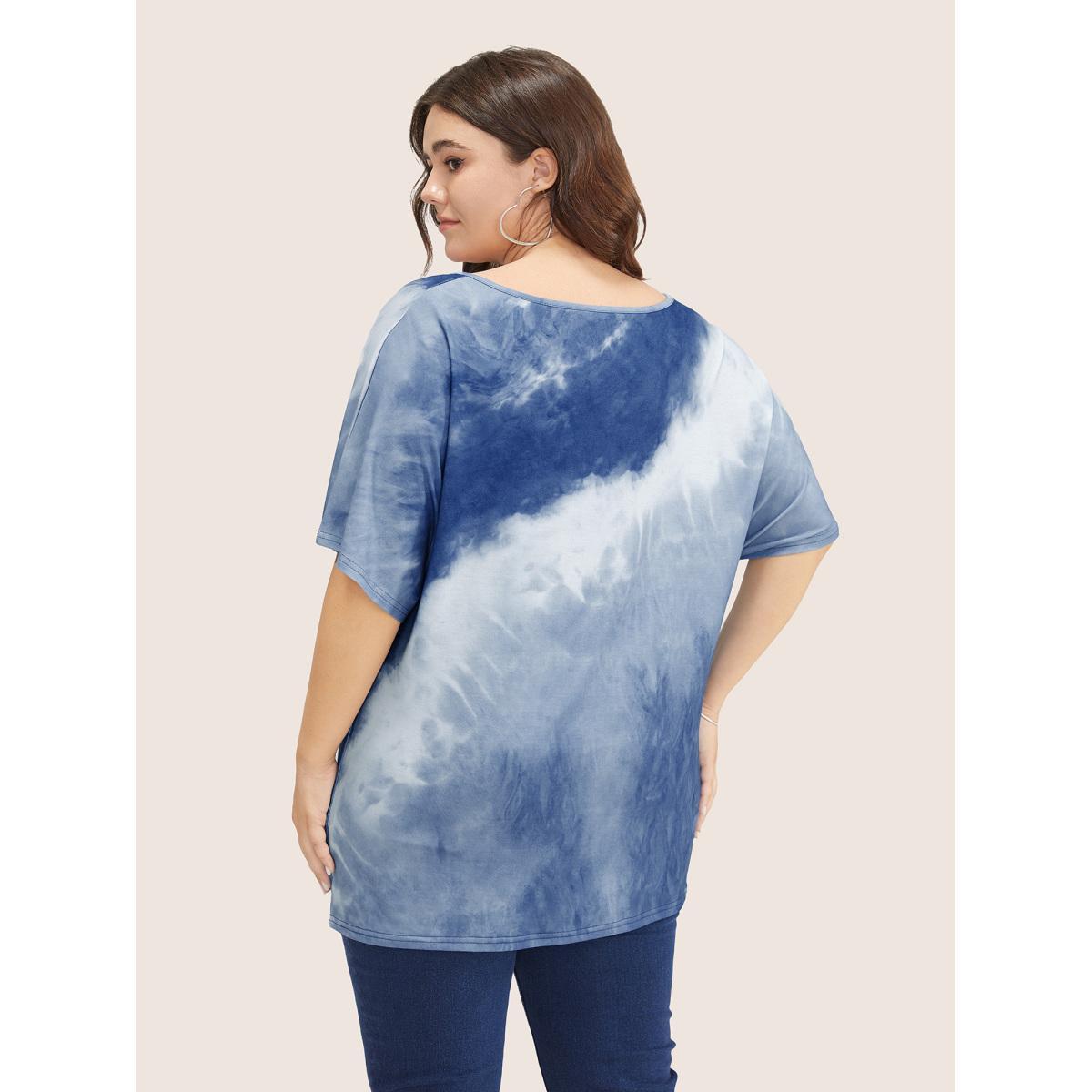Plus Size Tie Dye Drop Shoulder V Neck T-shirt Navy Women Resort Tie Dye V-neck Vacation T-shirts BloomChic 22-24/3X Product Image