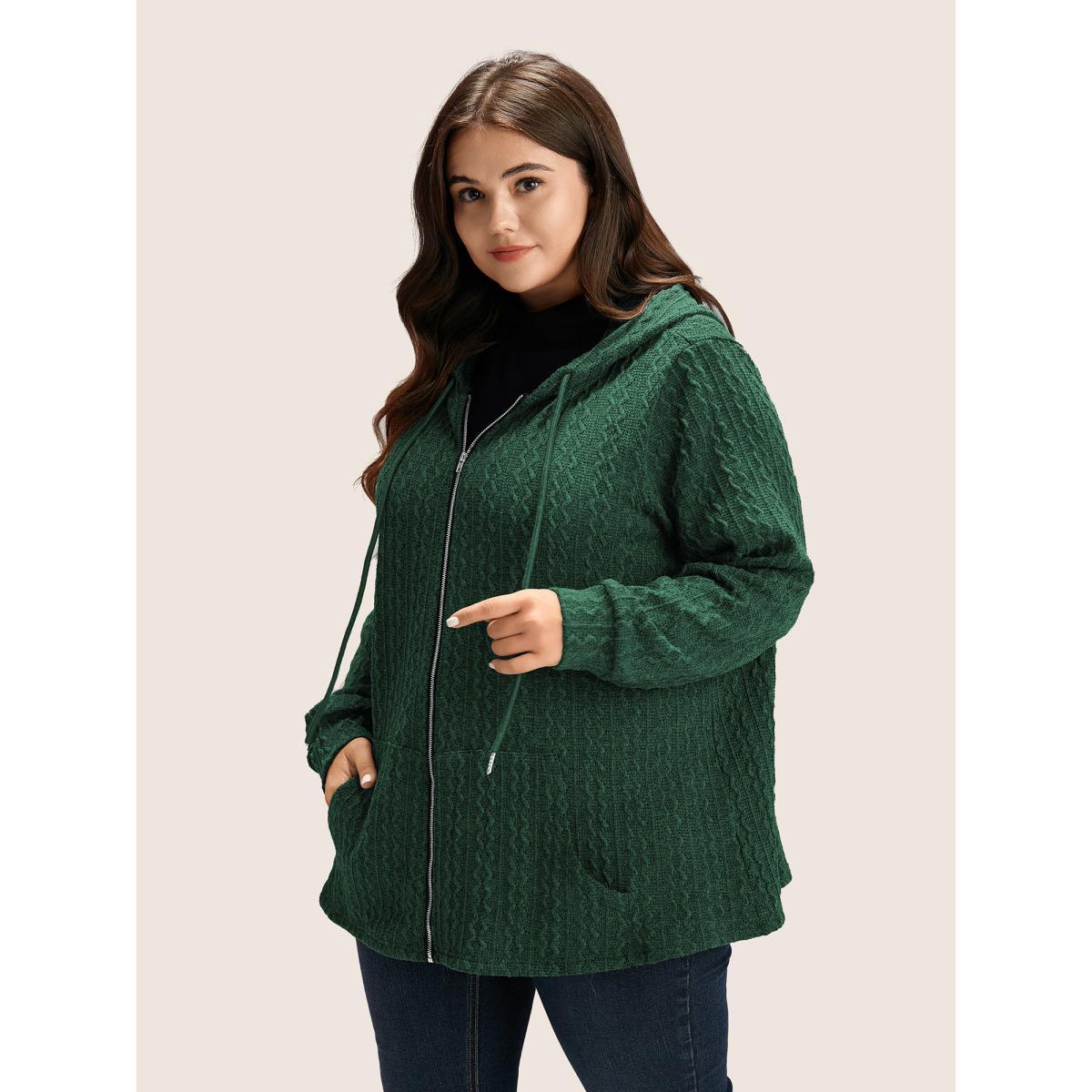 Plus Size Plain Textured Zipper Hooded Sweatshirt Women DarkGreen Casual Non Hooded Everyday Sweatshirts BloomChic 18-20/2X Product Image