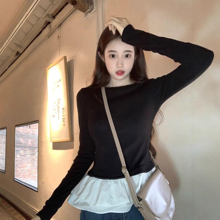 Long-Sleeve Crew Neck Two Tone Peplum Slim Fit Tee Product Image