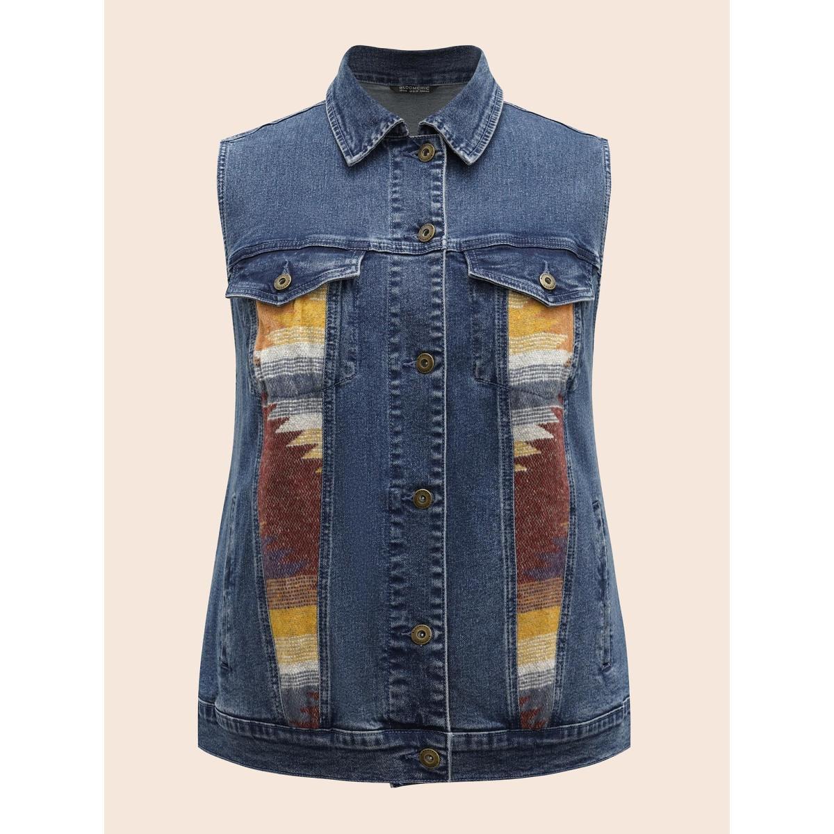 Women Stretch Denim Geometric Spilcing Pocket Jacket Midblue Plus Size Contrast Everyday Slanted pocket Elegant Denim Jackets BloomChic 14-16/1X Product Image