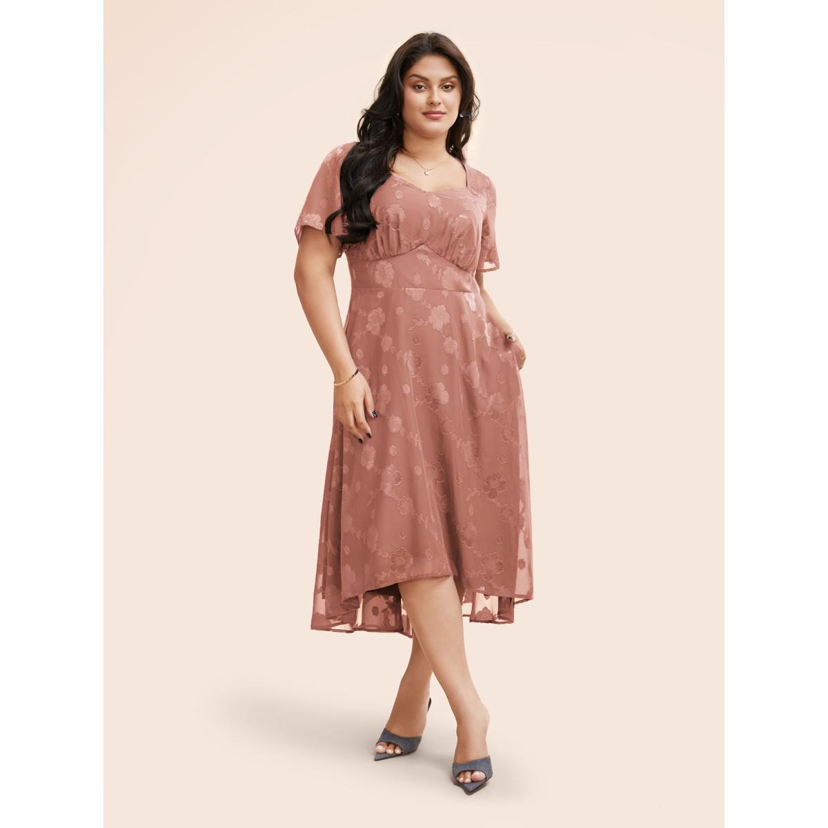 Plus Size Heart Neck Floral Mesh Textured Dress Crepe Women Elegant Texture Heart neckline Short sleeve Curvy BloomChic 14-16/1X Product Image