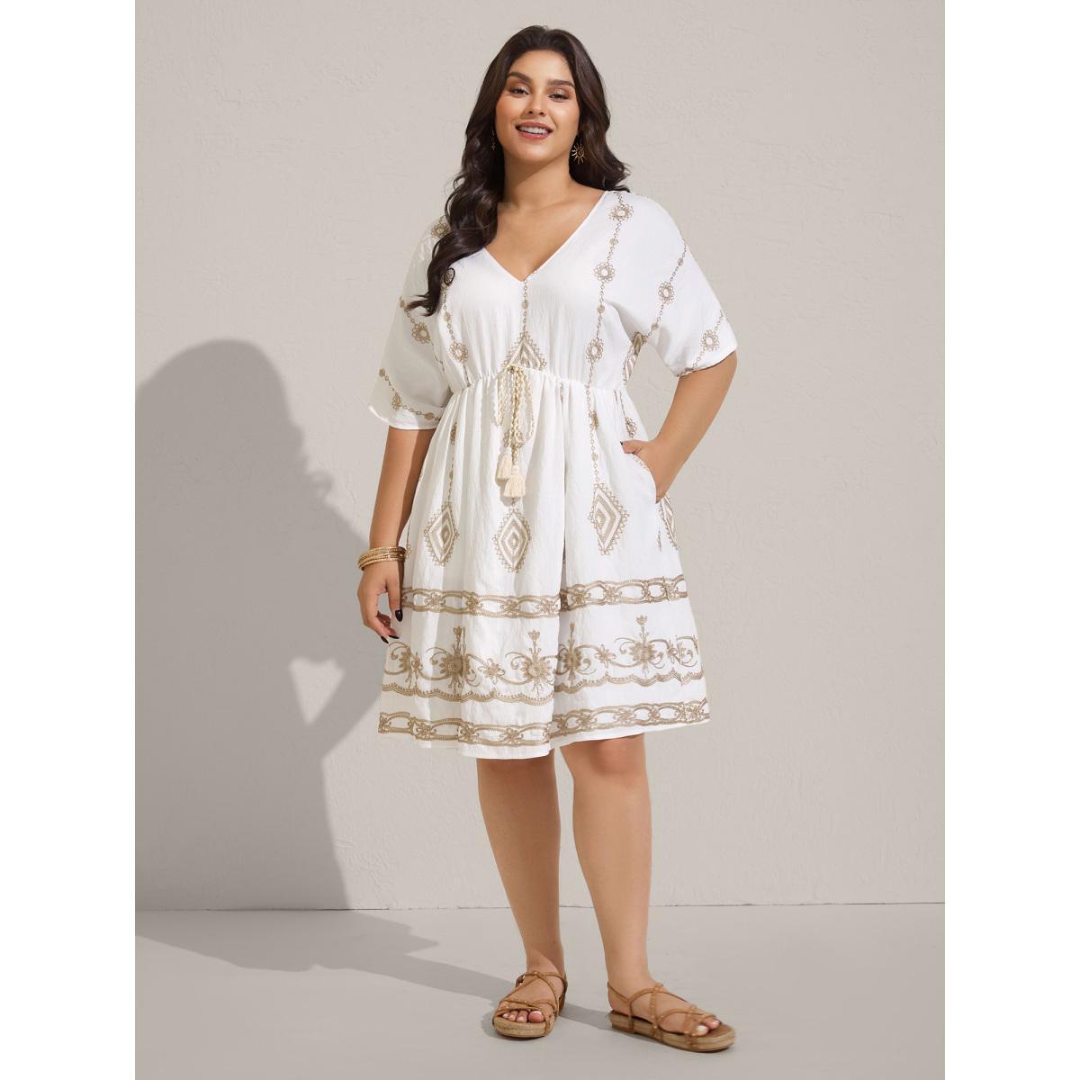 Plus Size Boho Embroidered Waist Tie Midi Dress Beige Women V-neck Sleeveless Curvy BloomChic 12/L Product Image