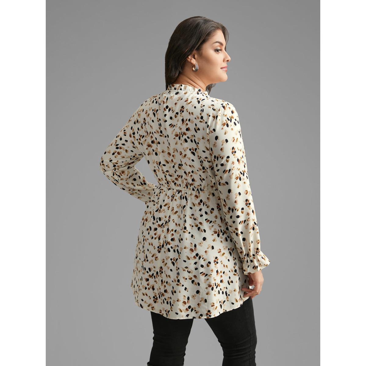 Plus Size Beige Color Leopard Print Frill Trim Blouse Women Elegant Long Sleeve Round Neck Everyday Blouses BloomChic 22-24/3X Product Image
