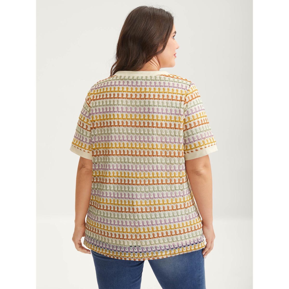 Plus Size Colorful Crochet Stretchy Button T-Shirt Lightorange Women Texture V-neck Everyday-Casual T-shirts BloomChic 18-20/2X Product Image