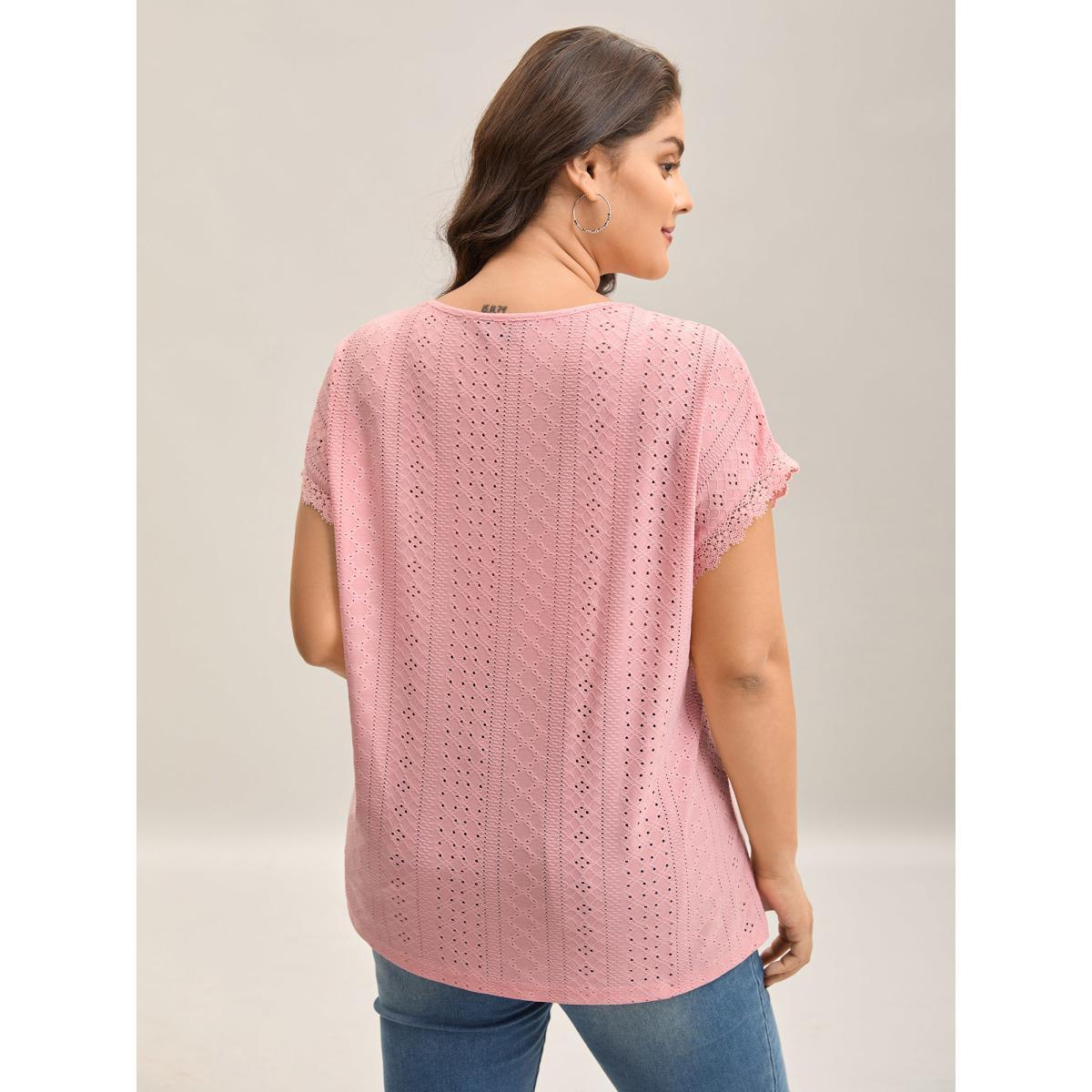 Plus Size Eyelet Textured Lace Detail T-Shirt Blush Women Casual Woven ribbon&lace trim V-neck Everyday T-shirts BloomChic 22-24/3X Product Image