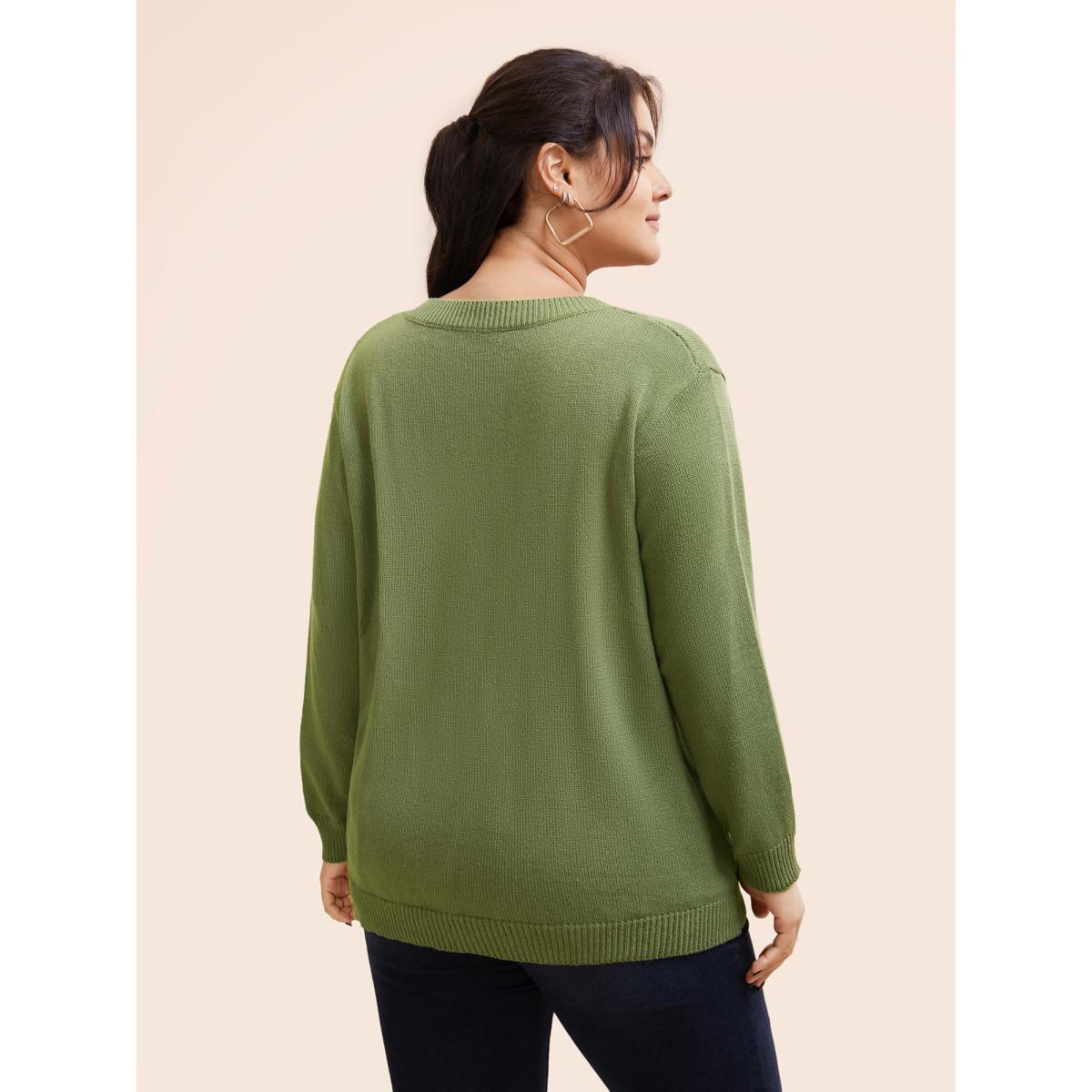 Plus Size V Neck Stereo Flower Design Pullover Moss Women Casual Long Sleeve V-neck Everyday Pullovers BloomChic 28/5X Product Image