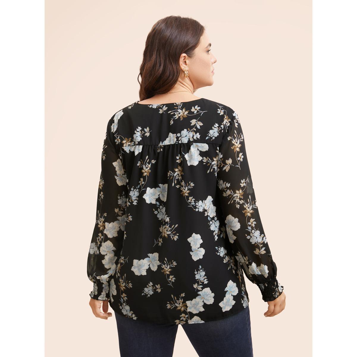Plus Size Black Floral Chiffon Shirred Lantern Sleeve Blouse Women Elegant Long Sleeve V-neck Everyday Blouses BloomChic 28/5X Product Image