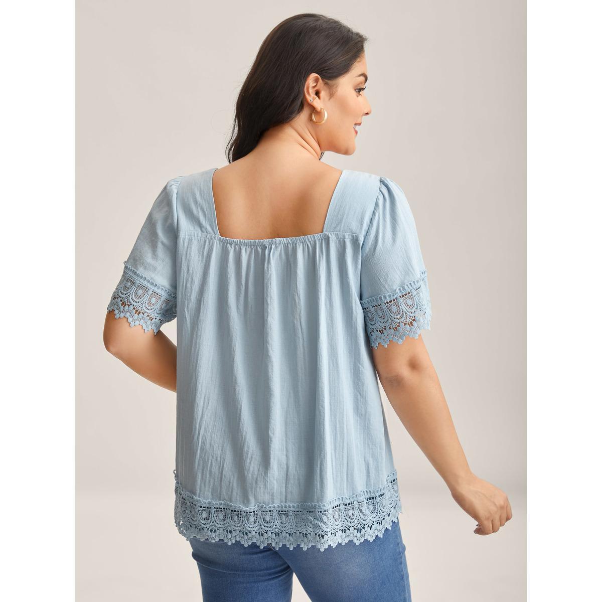 Plus Size LightBlue Lace Trim Spliced Solid Blouse Women Short sleeve Square Neck Everyday-Elegant Blouses BloomChic 28/5X Product Image