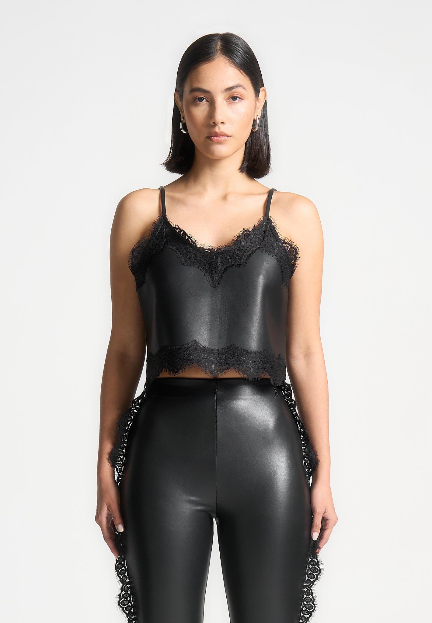 Lace Trim Leather Camisole Top - Black Female Product Image