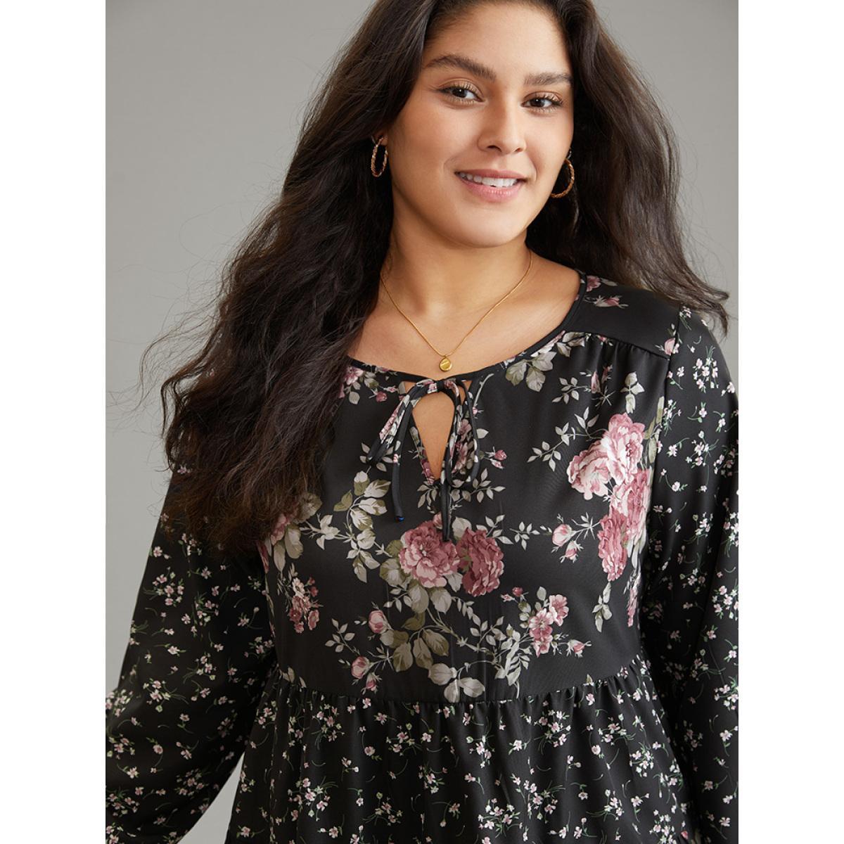 Plus Size Black Floral Knot Neck Lantern Sleeve Ruffle Layered Hem Blouse Women Elegant Long Sleeve Tie Neck Vacation Blouses BloomChic 18-20/2X Product Image