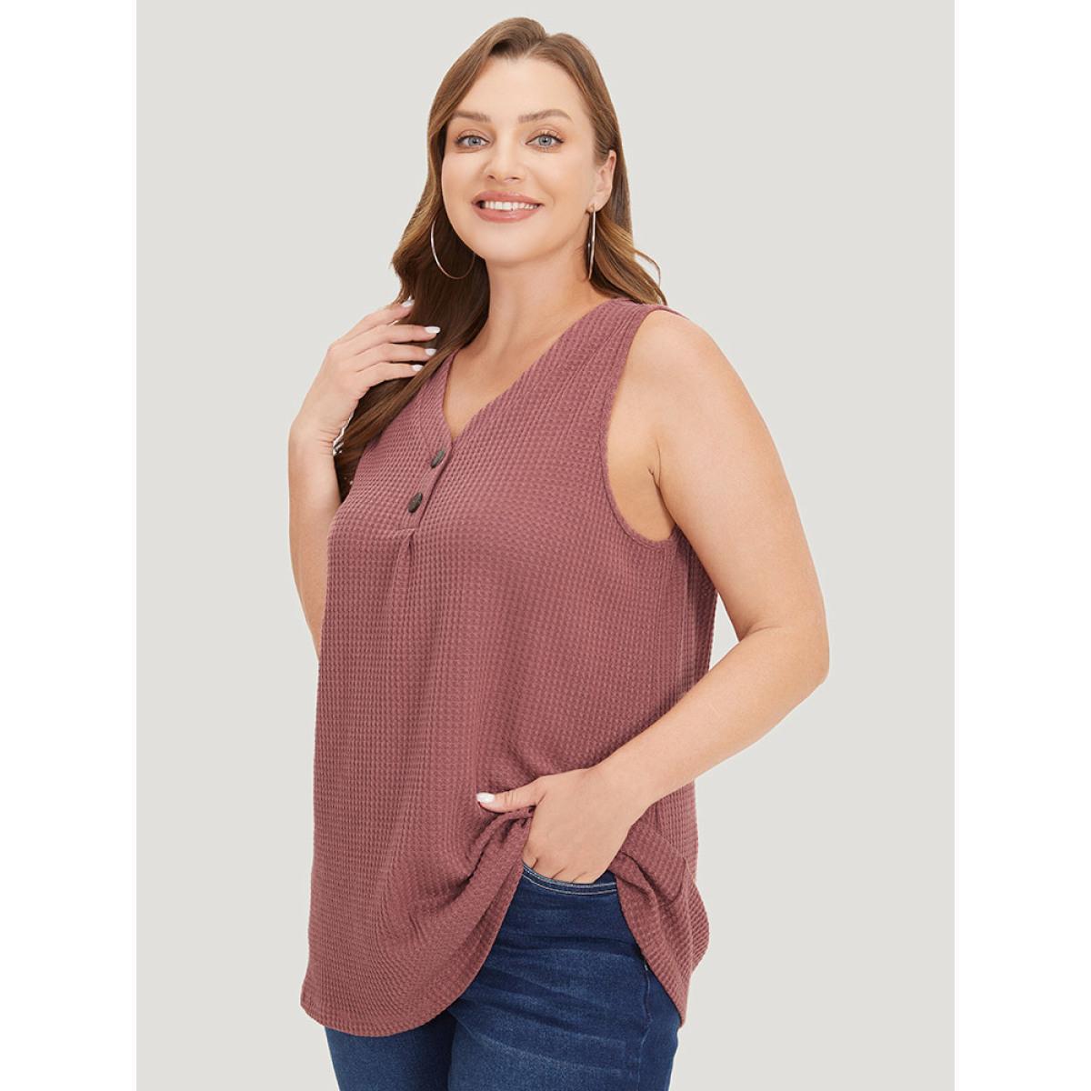 Plus Size Waffle Knit Button Detail Plicated Detail Tank Top Women DustyPink Casual V-neck Dailywear Tank Tops Camis BloomChic 12/L Product Image