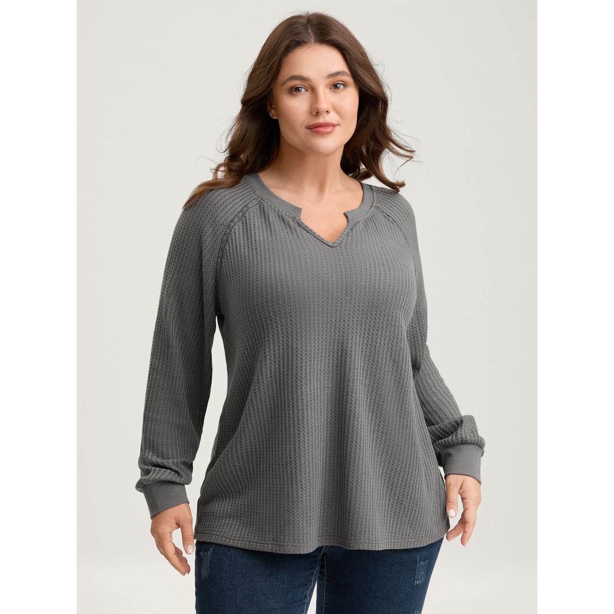 Plus Size Waffle Grid Notched Collar Lace Sweatshirt Women DimGray Woven ribbon&lace trim Flat collar with V-notch Everyday-Casual Sweatshirts BloomChic 14-16/1X Product Image