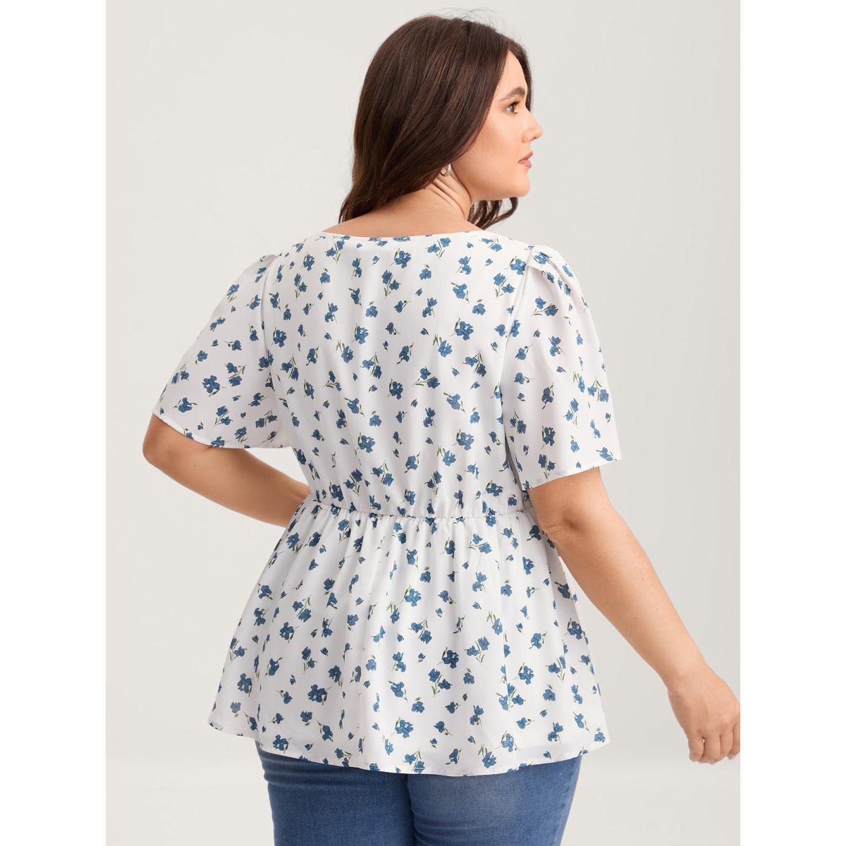 Plus Size Originalwhite Delicate Floral Print Lotus Sleeve Blouse Women Short sleeve Square Neck Everyday-Elegant Blouses BloomChic 26/4X Product Image
