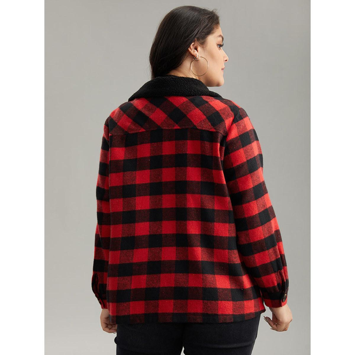 Plus Size Plaid Button Through Patchwork Contrast Shacket Women Red Casual Contrast Ladies Dailywear Winter Coats BloomChic 26/4X Product Image