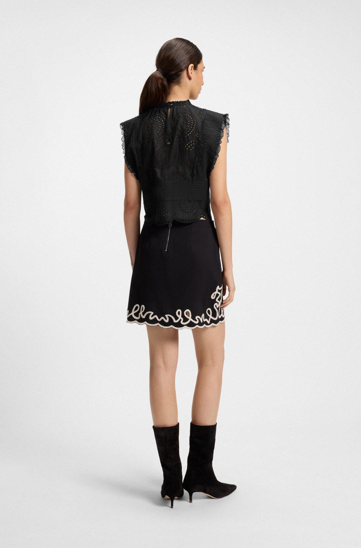 BOSS - Regular-fit blouse in cotton broderie with pleat details - Black Product Image