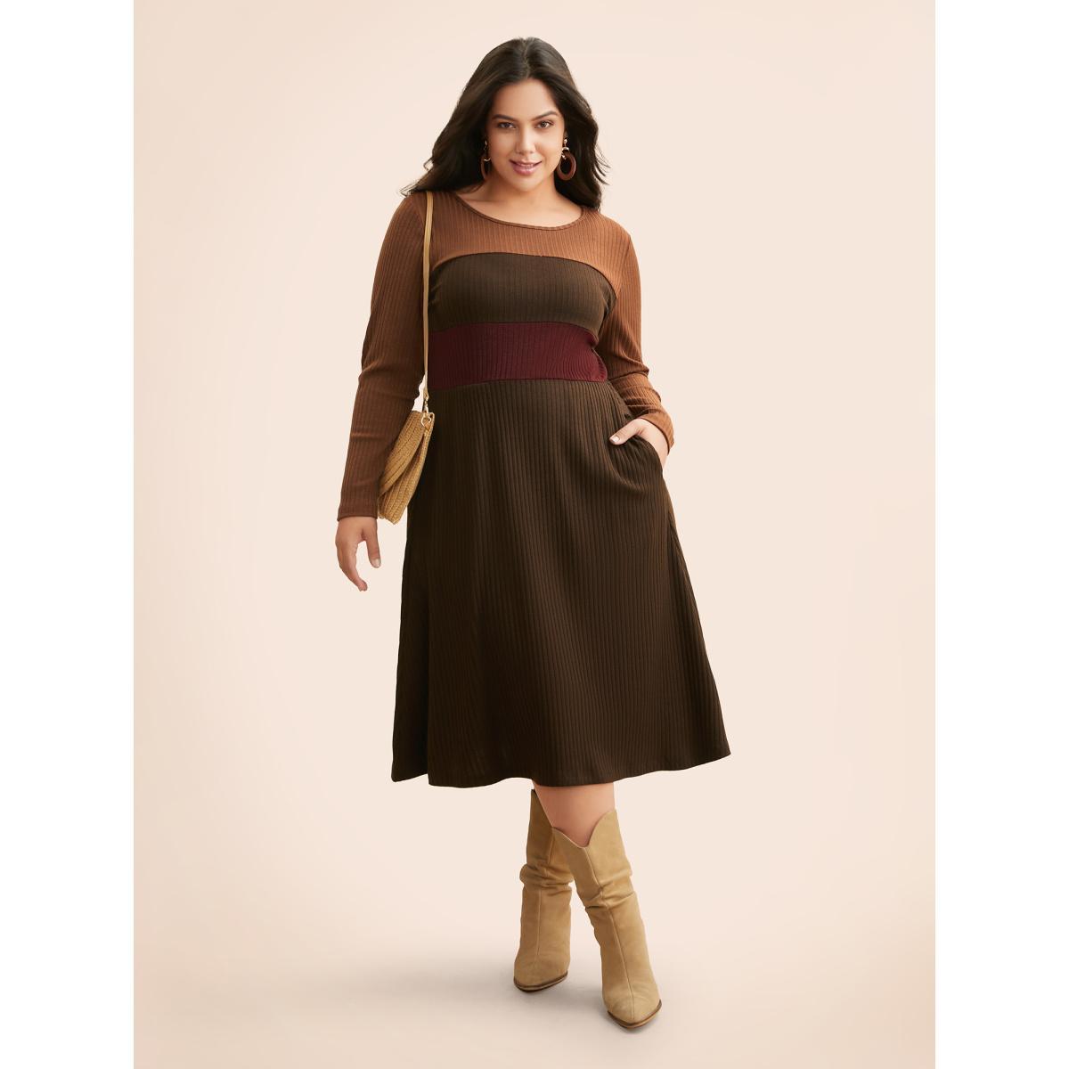 Plus Size Colorblock Contrast Textured Pocket Dress Browncoffeecolor Women Casual Texture Round Neck Long Sleeve Curvy BloomChic 10/M Product Image