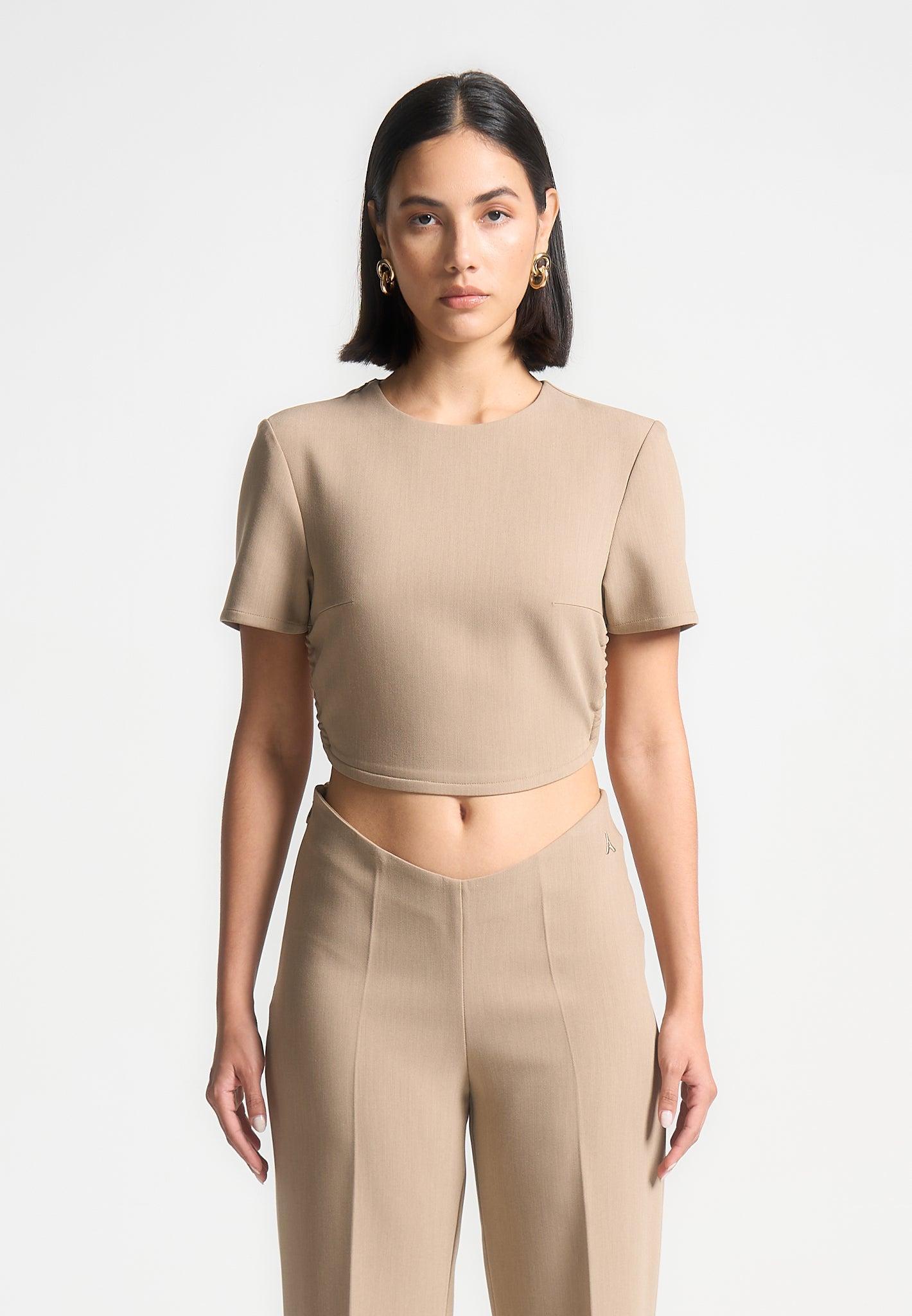 Curved Hem Backless Top with Tie - Dark Beige Female Product Image