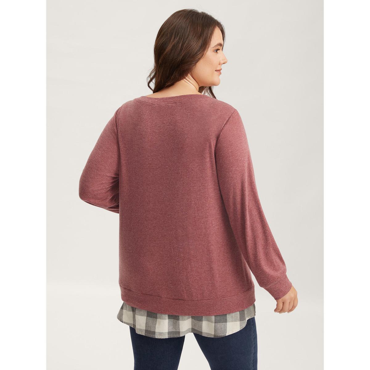Plus Size Heather Plaid Patchwork Crew Neck T-shirt Russet Women Casual Heather Plaid Round Neck Everyday T-shirts BloomChic 18-20/2X Product Image