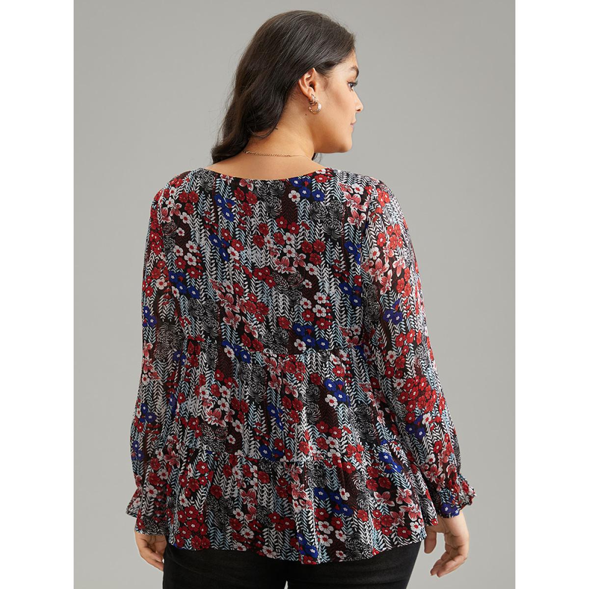 Plus Size Black Floral Ruffles Elastic Waist Lantern Sleeve Chiffon Blouse Women Elegant Long Sleeve Round Neck Everyday Blouses BloomChic 10/M Product Image