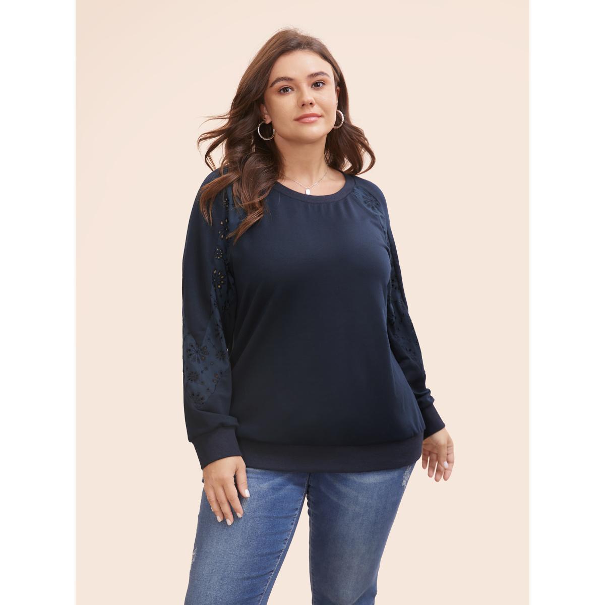 Plus Size Broderie Anglaise Patchwork Raglan Sleeve Sweatshirt Women Midnight Casual Patchwork Round Neck Everyday Sweatshirts BloomChic 26/4X Product Image