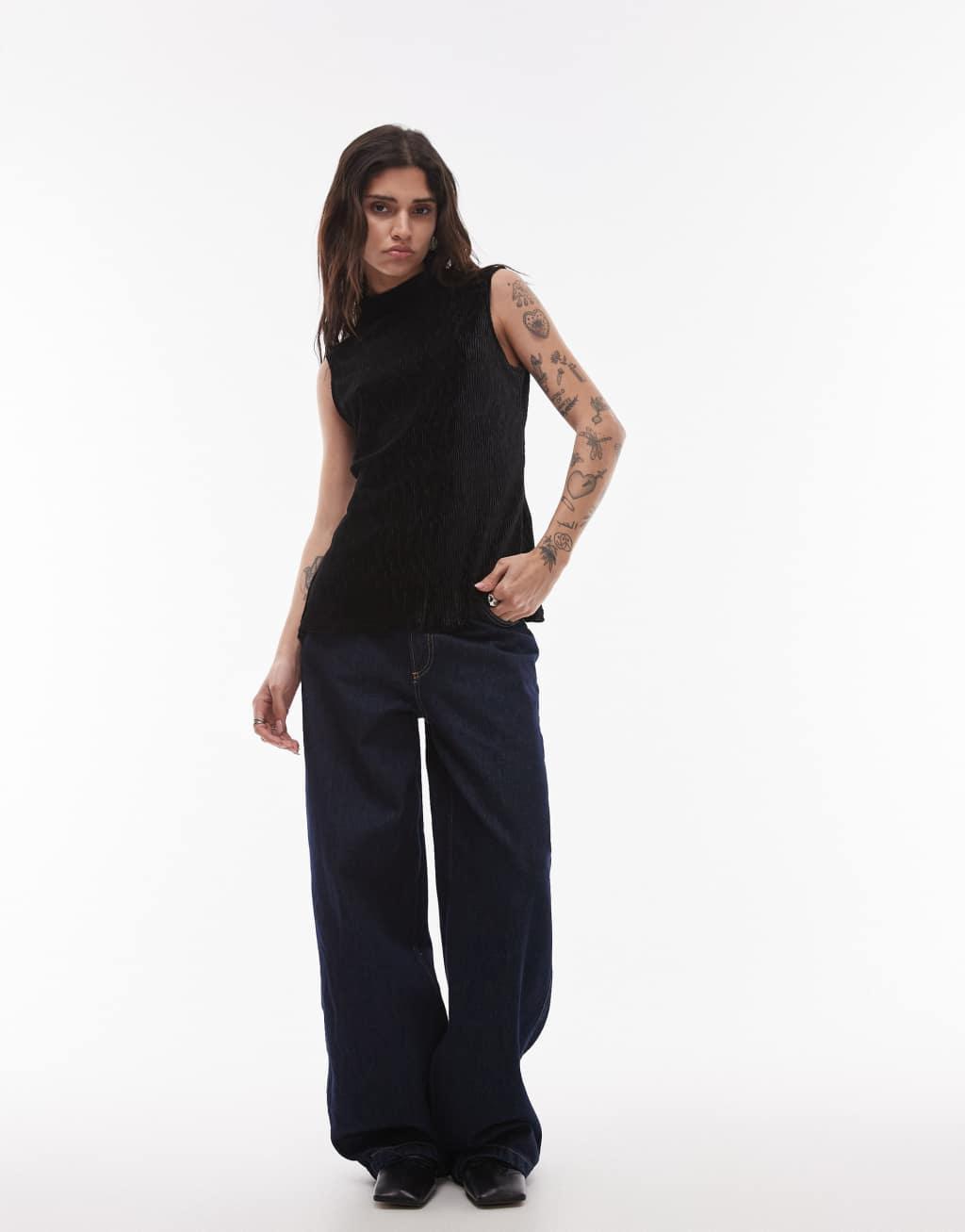 Mango plisse high neck sleeveless top in black Product Image