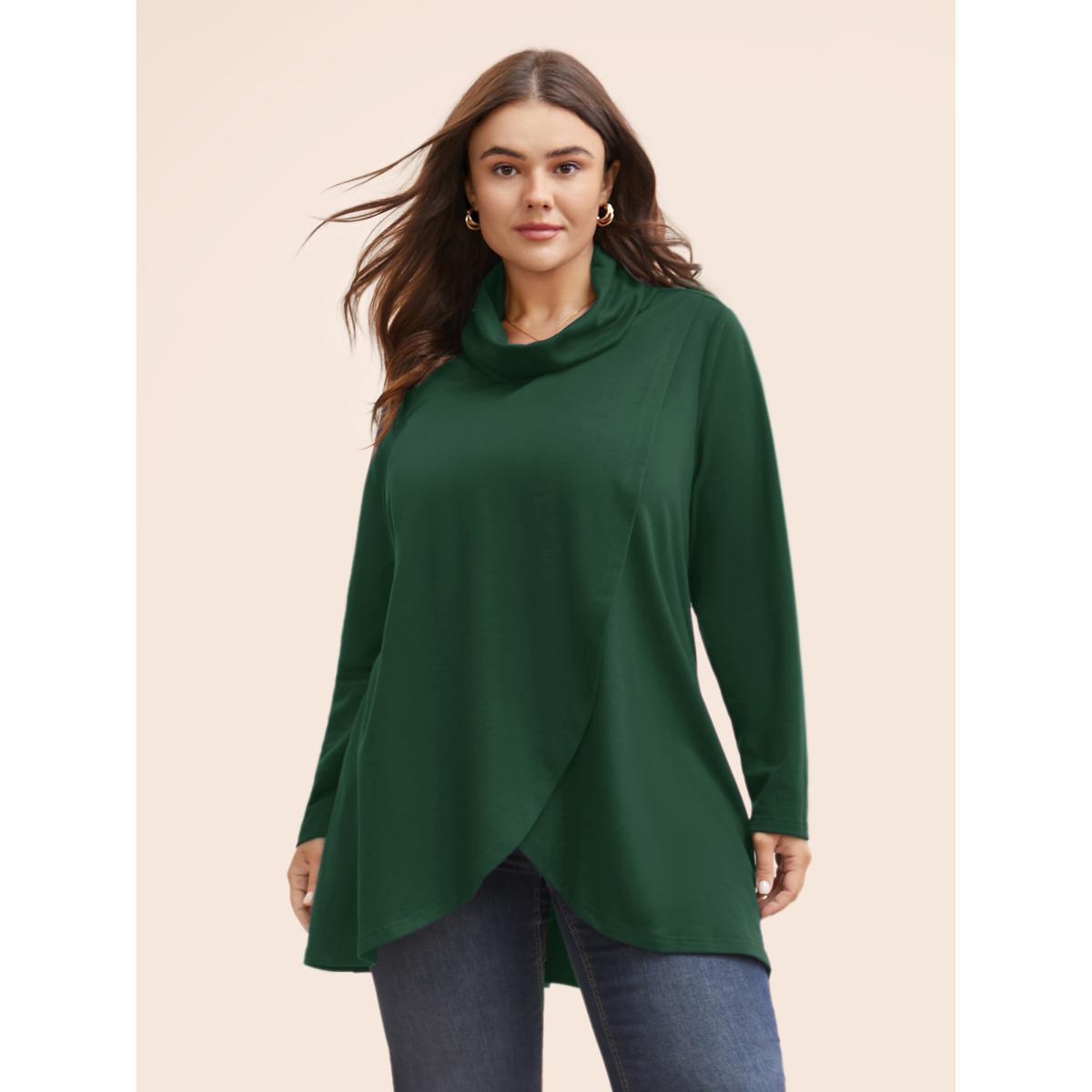Plus Size Plain Wrap Hem Turtleneck Sweatshirt Women Cyan Elegant Wrap Turtleneck Dailywear Sweatshirts BloomChic 22-24/3X Product Image