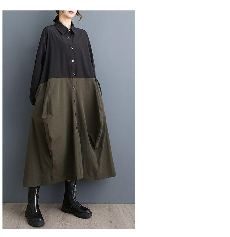 Long Sleeve Collared Two Tone Midi A-Line Shirt Dress Product Image