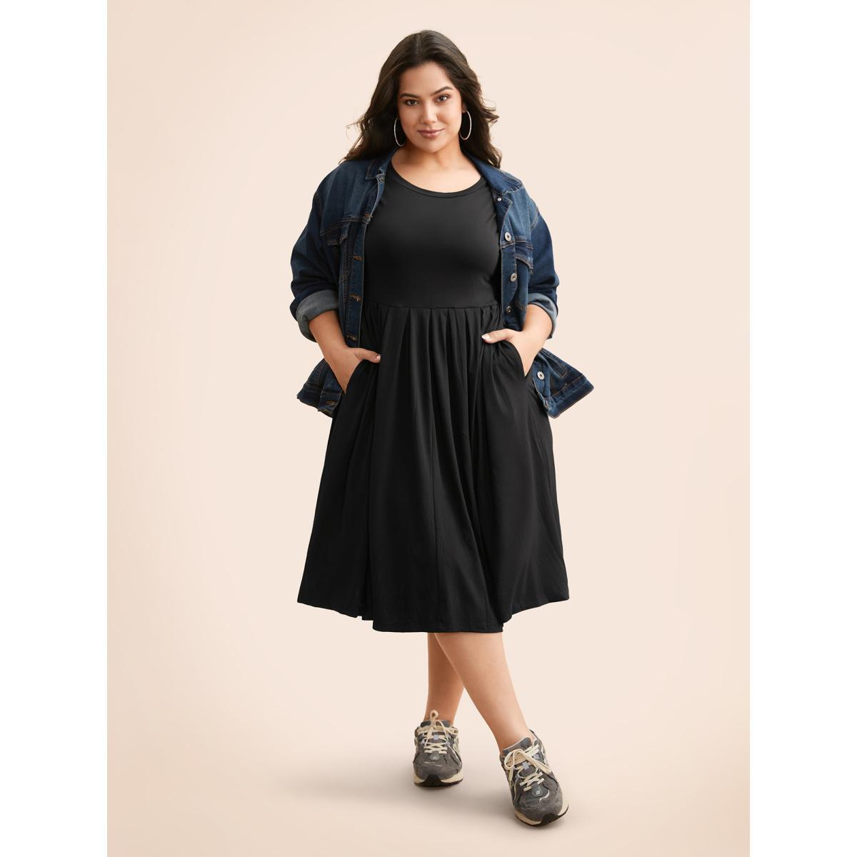 Plus Size Supersoft Essentials Solid Pleated Round Neck Midi Dress Black Women Casual Plain Round Neck Short sleeve Curvy Midi Dress BloomChic 12/L Product Image