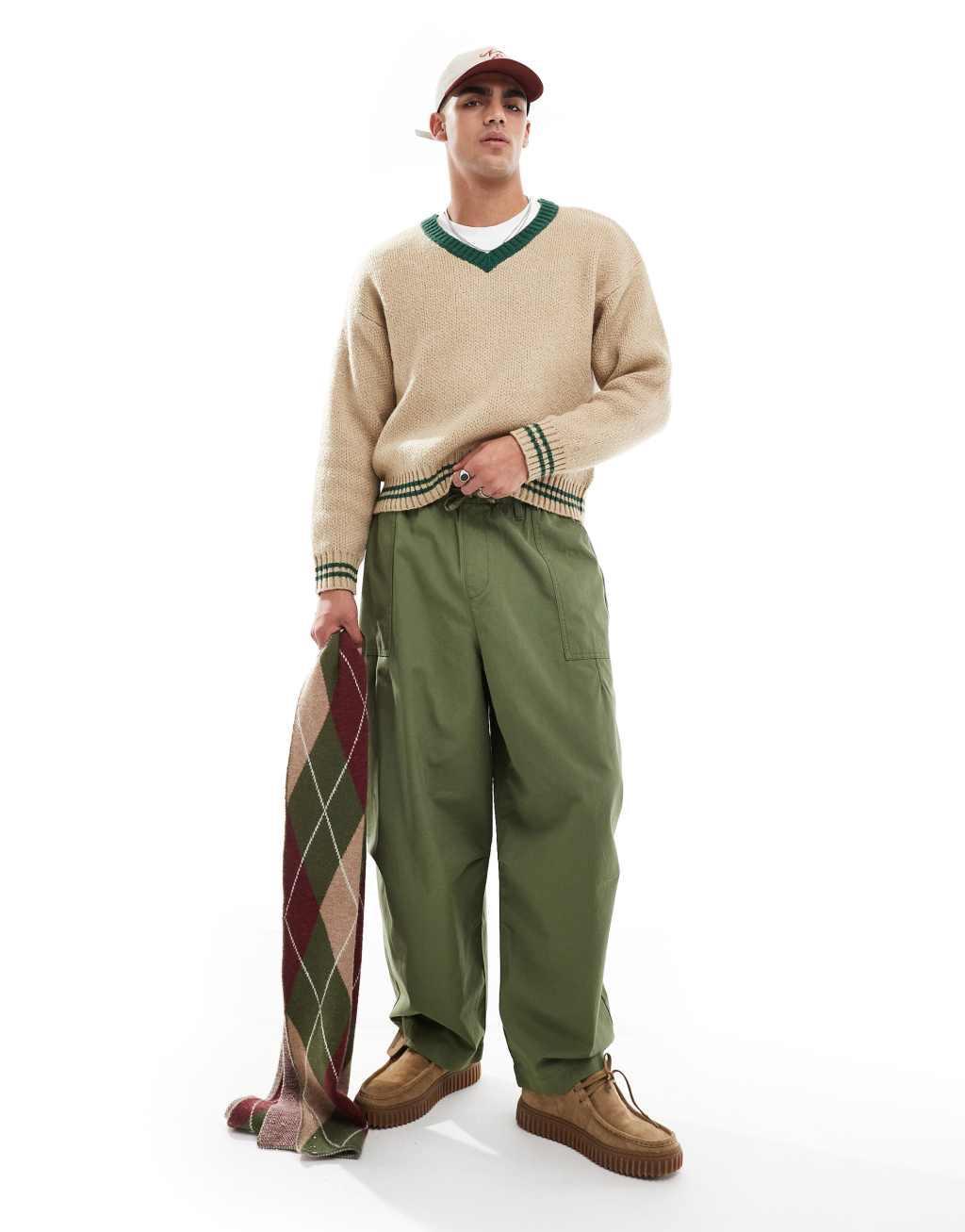 Cotton On v neck knit jumper in green and cream Product Image