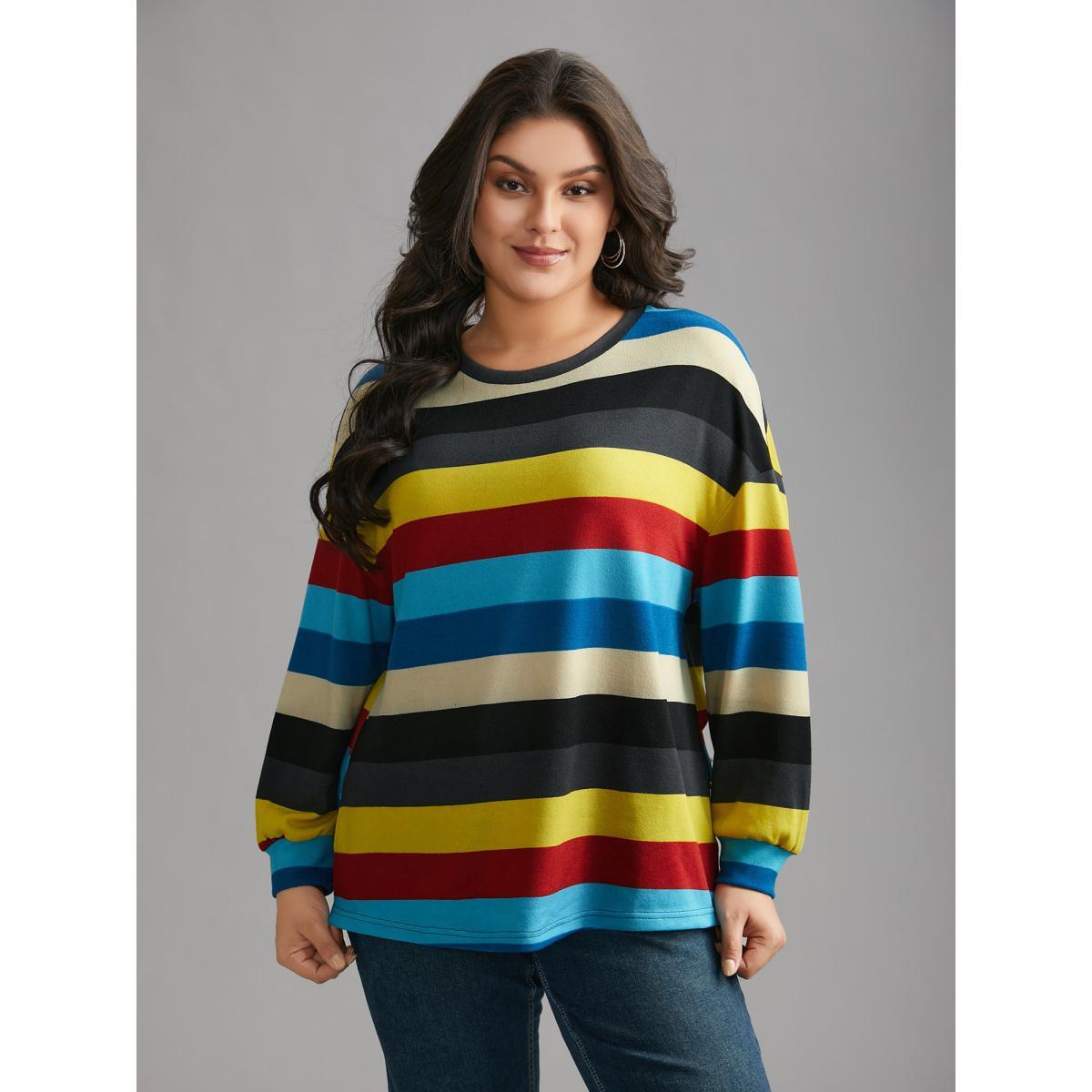Plus Size Multi-Color Striped Stretchy Crew Neck T-shirt Multicolor Women Casual Contrast Round Neck Loose Everyday T-shirts BloomChic 26/4X Product Image