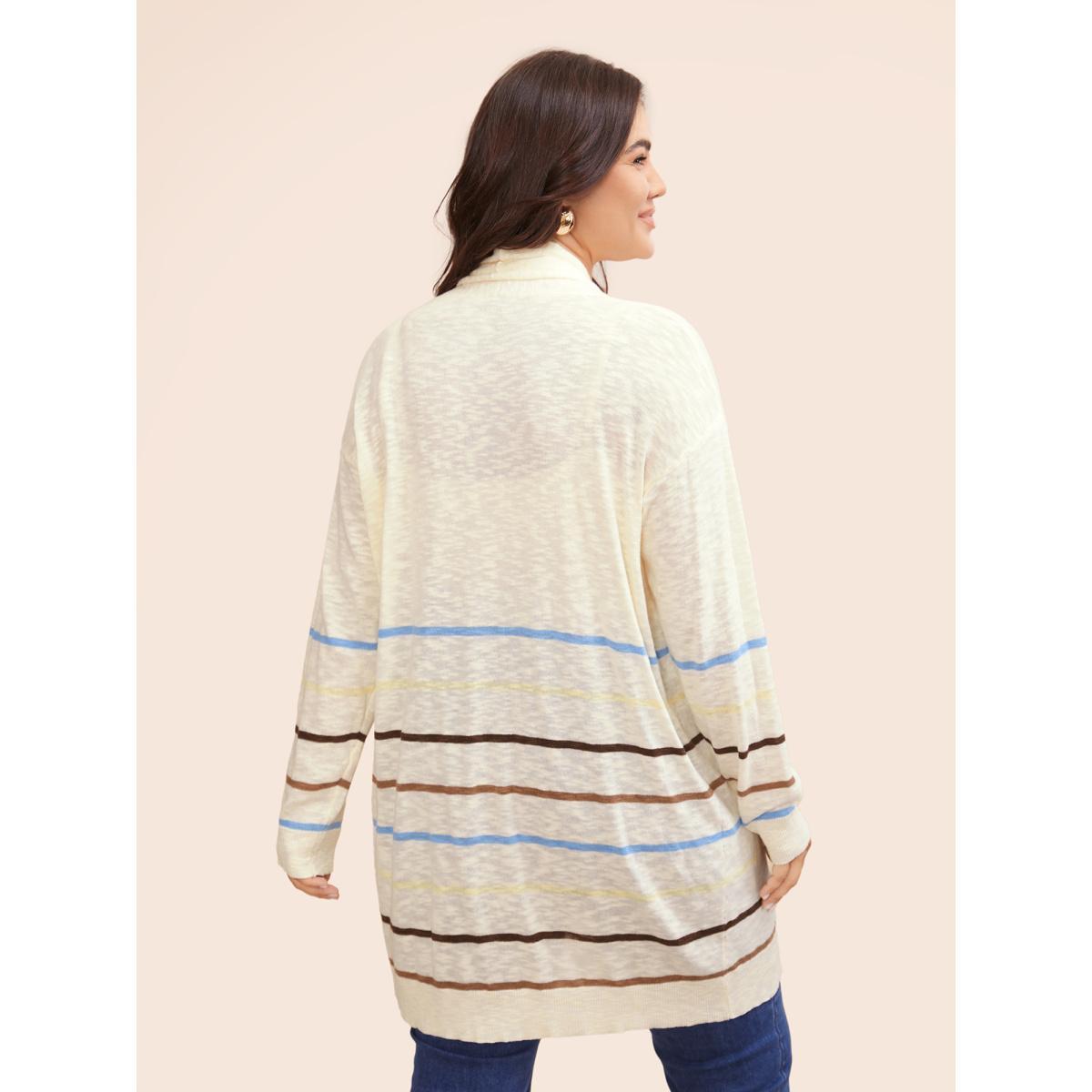 Plus Size Contrast Striped Pocket Open Front Cardigan Beige Women Casual Loose Three Quater Length Sleeve Everyday Cardigans BloomChic 28/5X Product Image