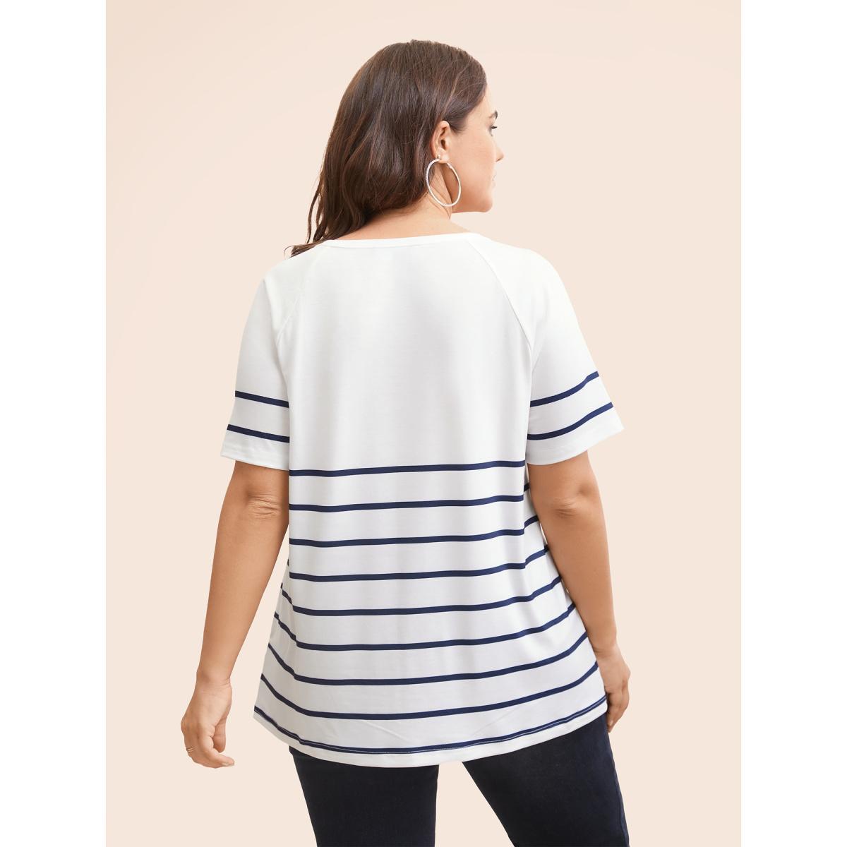 Plus Size Striped Print Raglan Sleeve Button Up T-shirt White Women Casual Contrast Striped Round Neck Everyday T-shirts BloomChic 26/4X Product Image