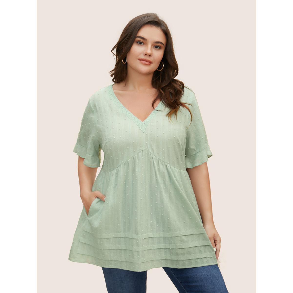 Plus Size Mint Textured Lace Panel Pleated Pocket Blouse Women Casual Short sleeve V-neck Everyday Blouses BloomChic 22-24/3X Product Image