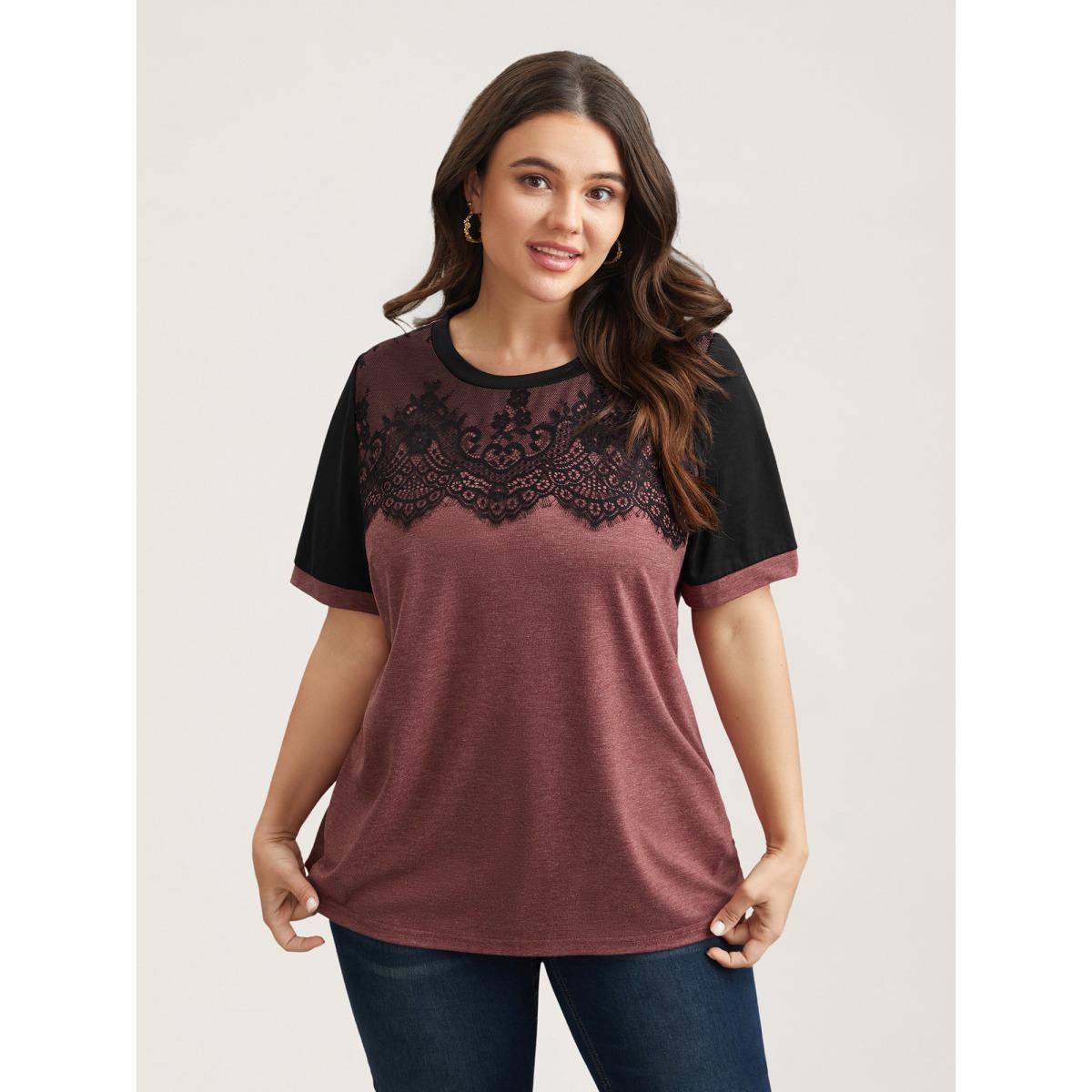 Plus Size Stretchy Scalloped Lace Color Contrast T-Shirt Russet Women Elegant Contrast Round Neck Everyday T-shirts BloomChic 18-20/2X Product Image