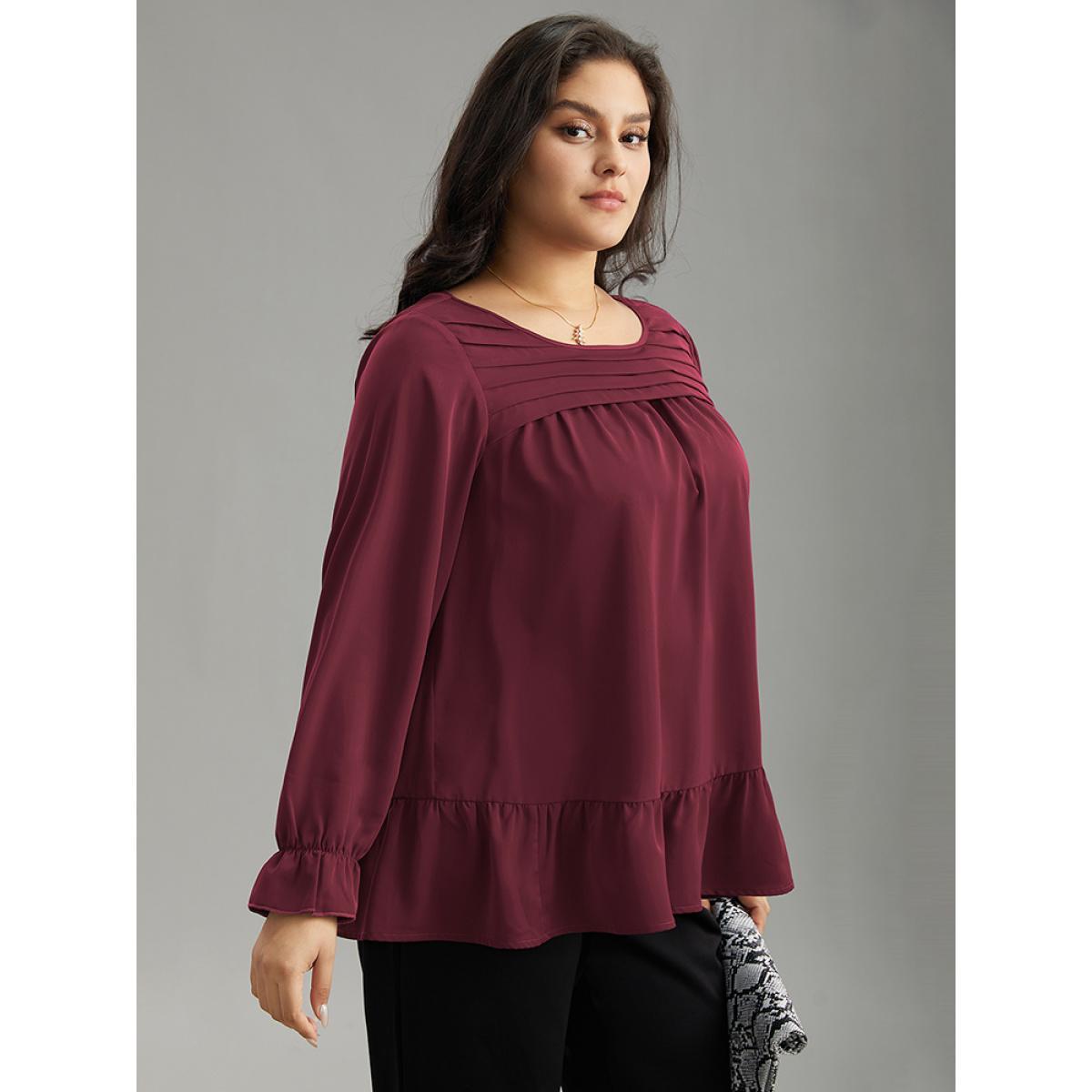 Plus Size Scarlet Static-Free Plain Pleated Ruffles Lantern Sleeve Blouse Women Office Long Sleeve Round Neck Work Blouses BloomChic 30/6X Product Image