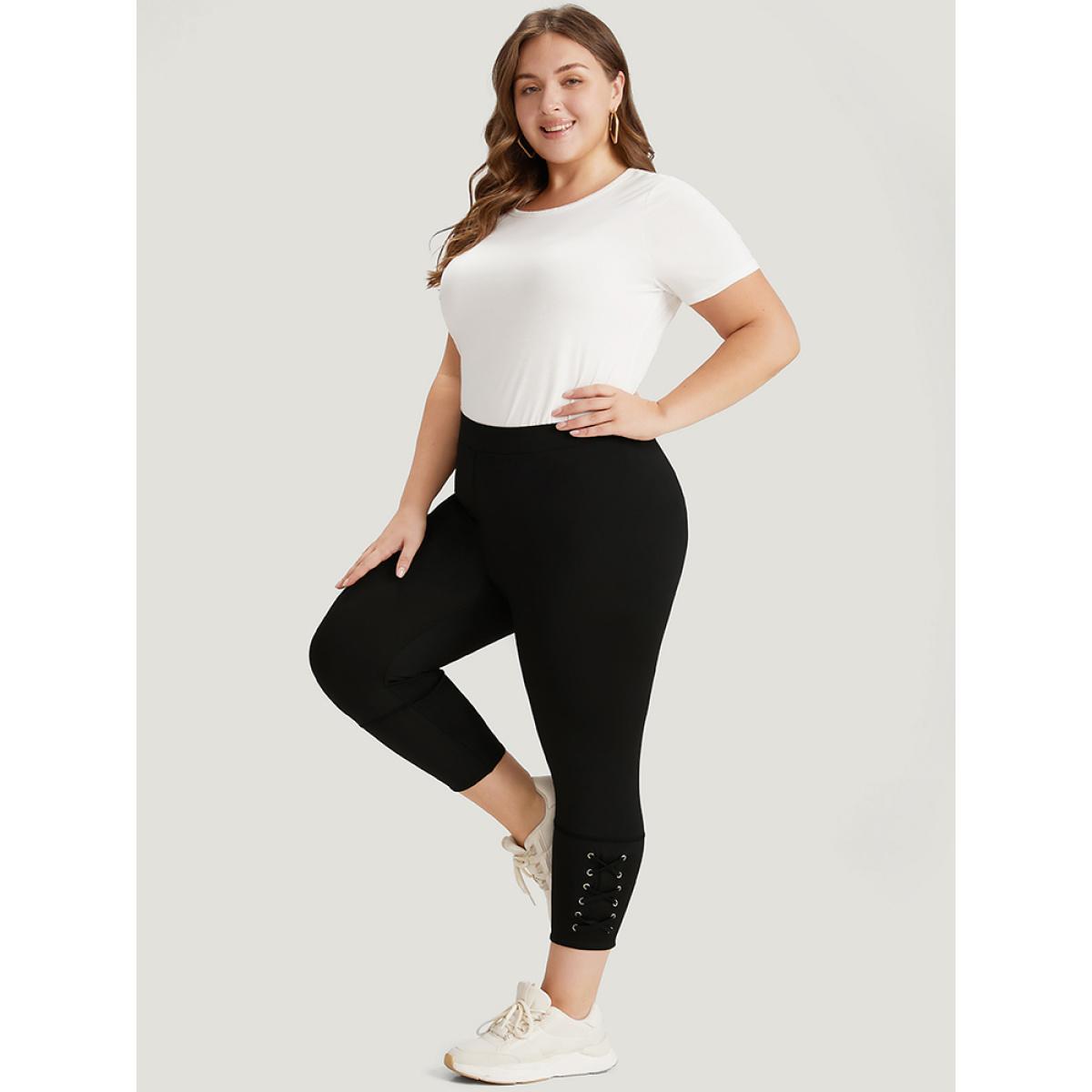 Plus Size Plain Crisscross Hem Elastic Waist Skinny Leggings Women Black Casual No stretch Skinny High Rise Dailywear Leggings BloomChic 18-20/2X Product Image