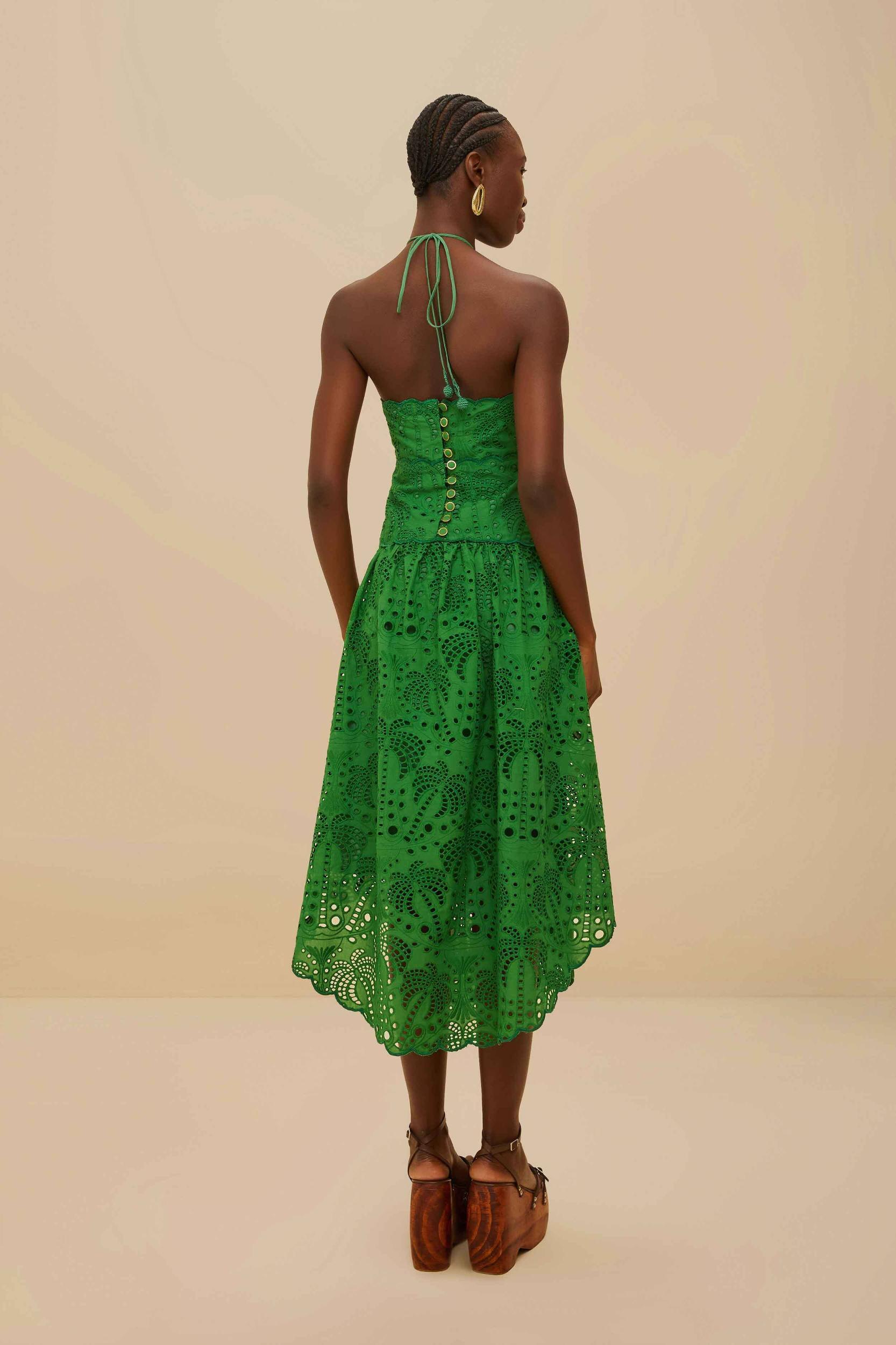 Green Palm Tree Eyelet Halter Neck Midi Dress Product Image